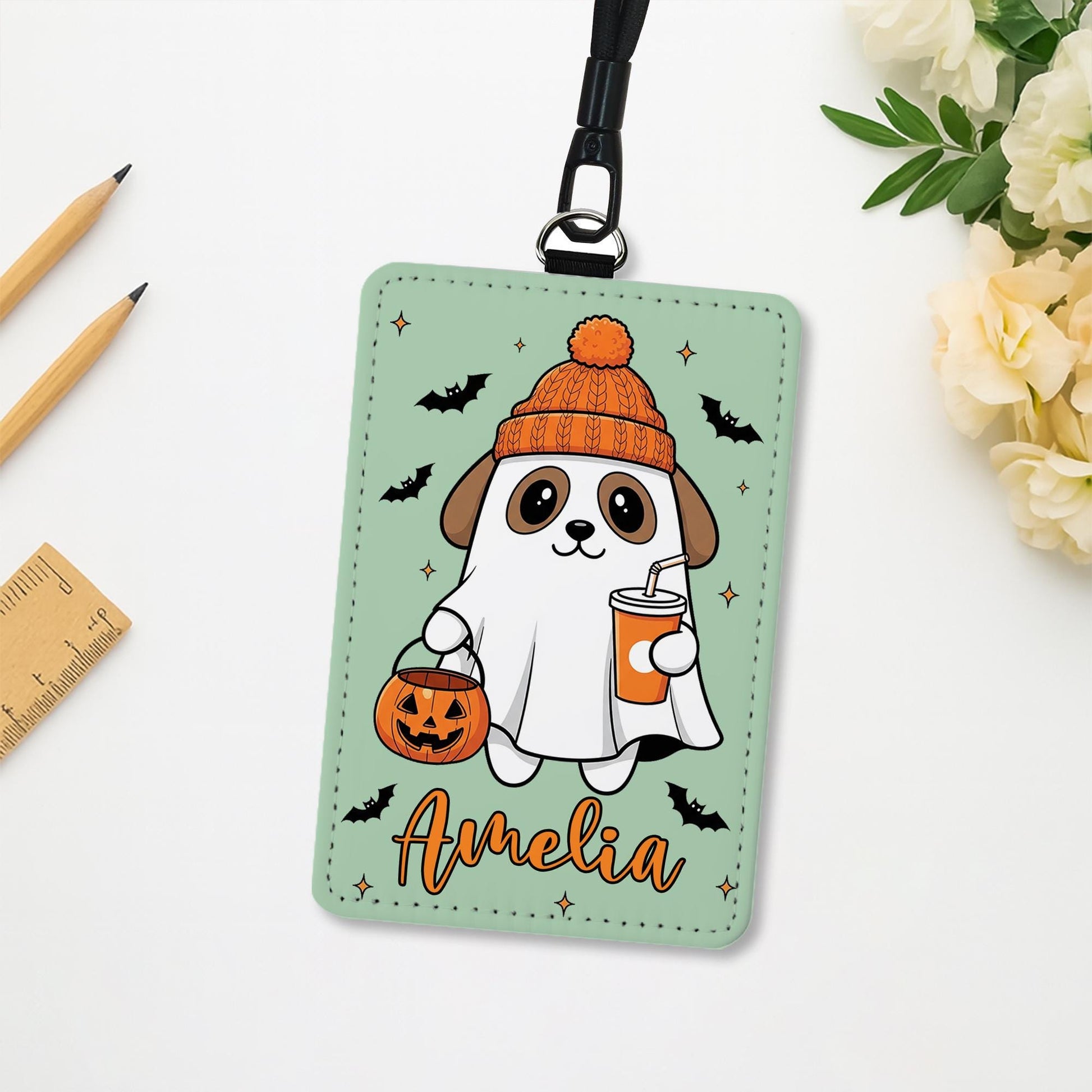 Custom Halloween Dog Badge Holder – Personalized Name ID Card Holder, Ghost Puppy Lanyard, Fall Office Nurse Teacher Gift, Work Accessory