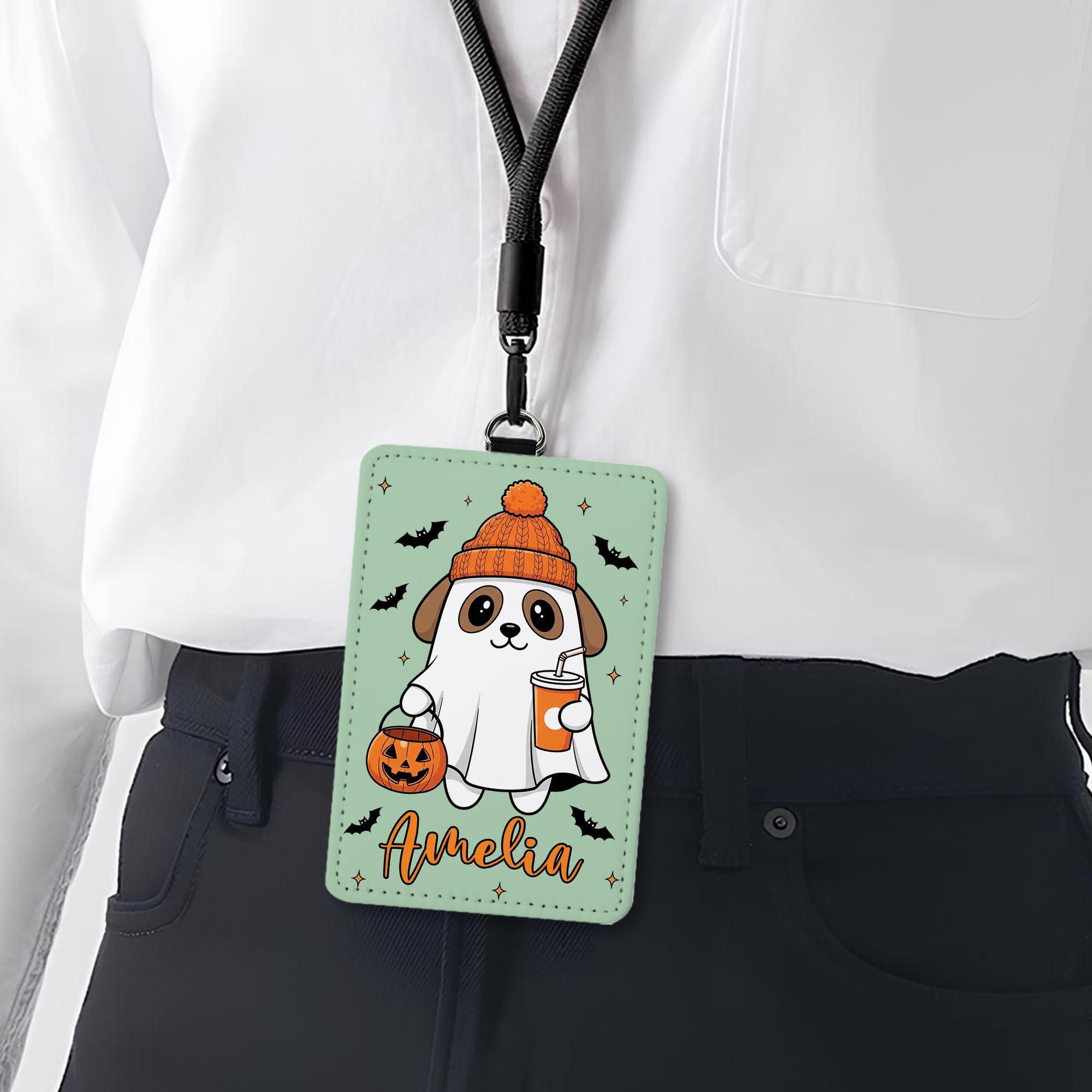 Custom Halloween Dog Badge Holder – Personalized Name ID Card Holder, Ghost Puppy Lanyard, Fall Office Nurse Teacher Gift, Work Accessory