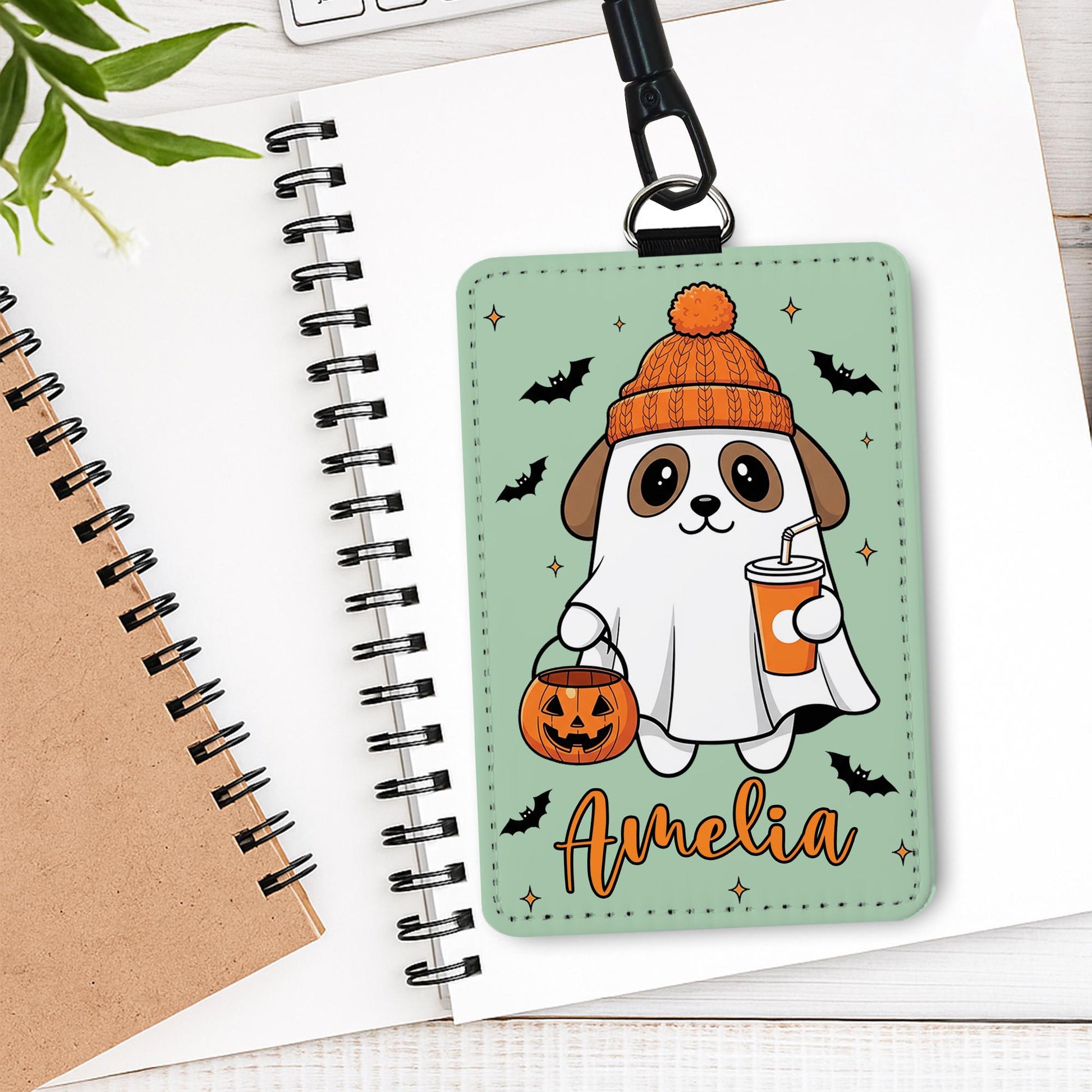 Custom Halloween Dog Badge Holder – Personalized Name ID Card Holder, Ghost Puppy Lanyard, Fall Office Nurse Teacher Gift, Work Accessory