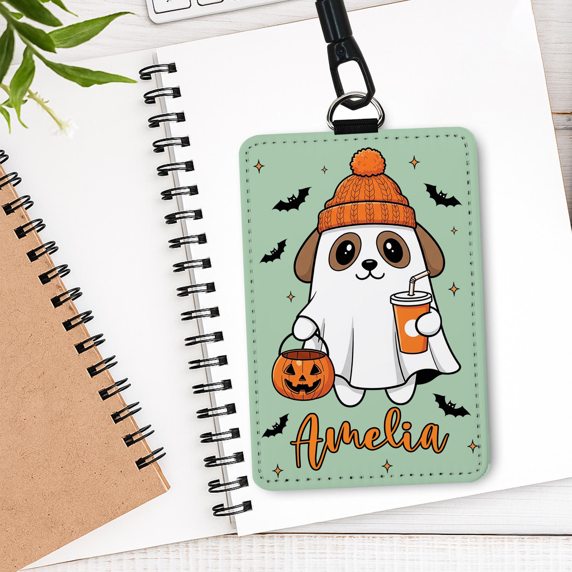 Custom Halloween Dog Badge Holder – Personalized Name ID Card Holder, Ghost Puppy Lanyard, Fall Office Nurse Teacher Gift, Work Accessory