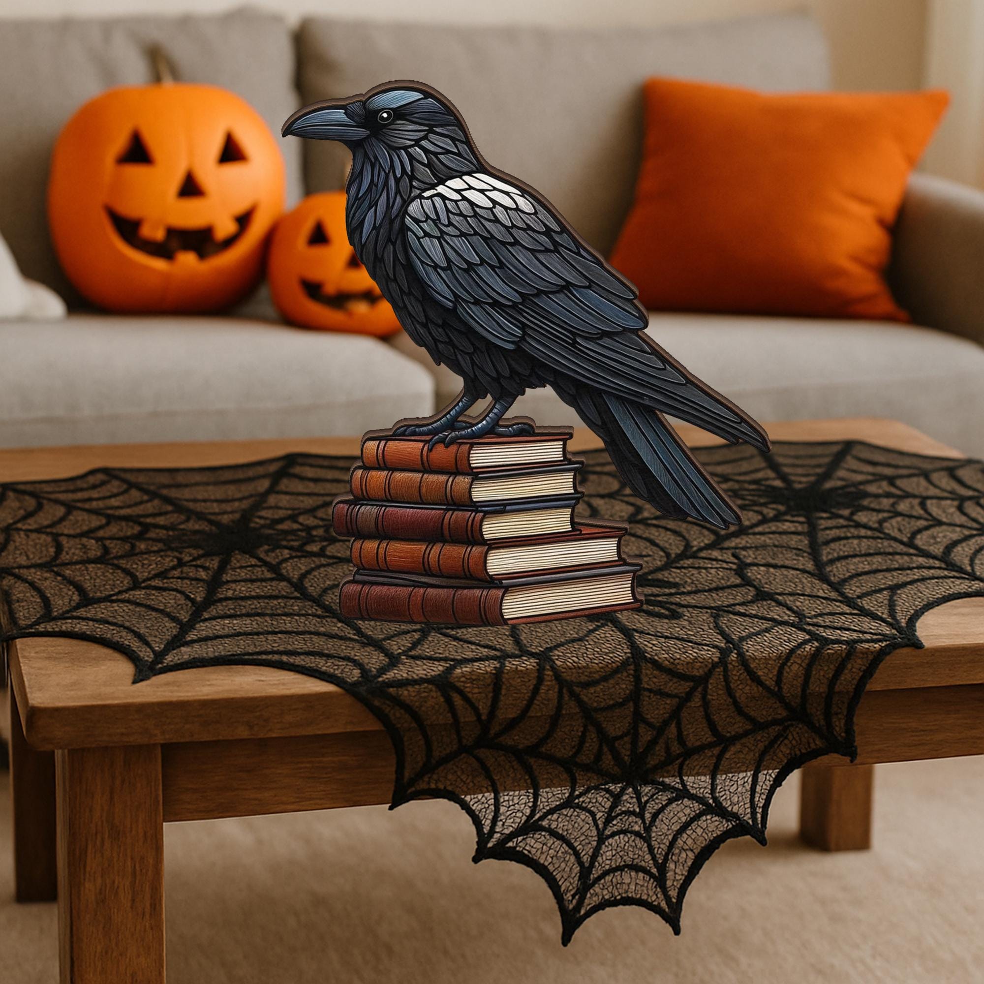 Raven Wooden Block Decor | Gothic Bookstack Halloween Decoration | Spooky Tabletop Sign | Witchy Raven Home Accent