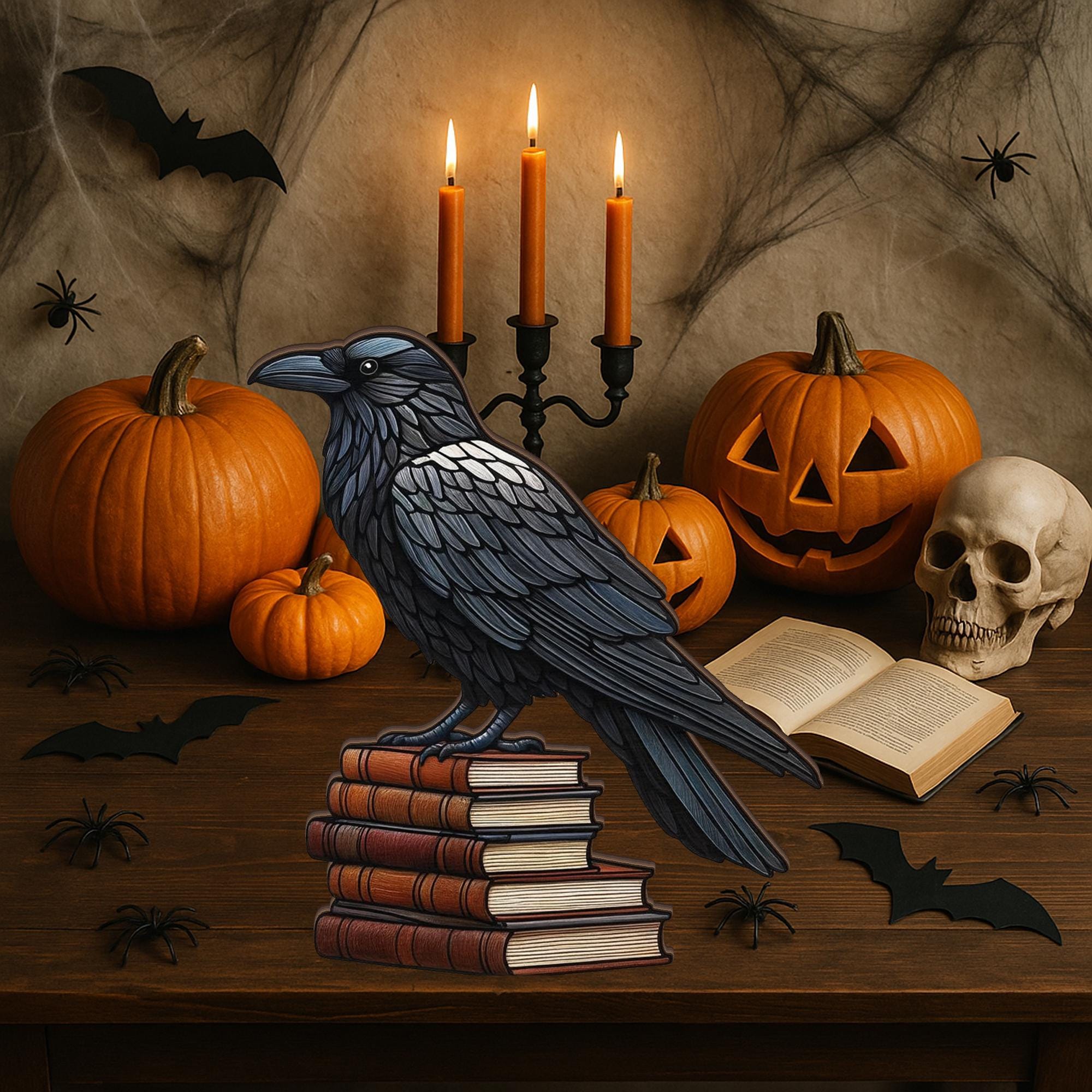 Raven Wooden Block Decor | Gothic Bookstack Halloween Decoration | Spooky Tabletop Sign | Witchy Raven Home Accent