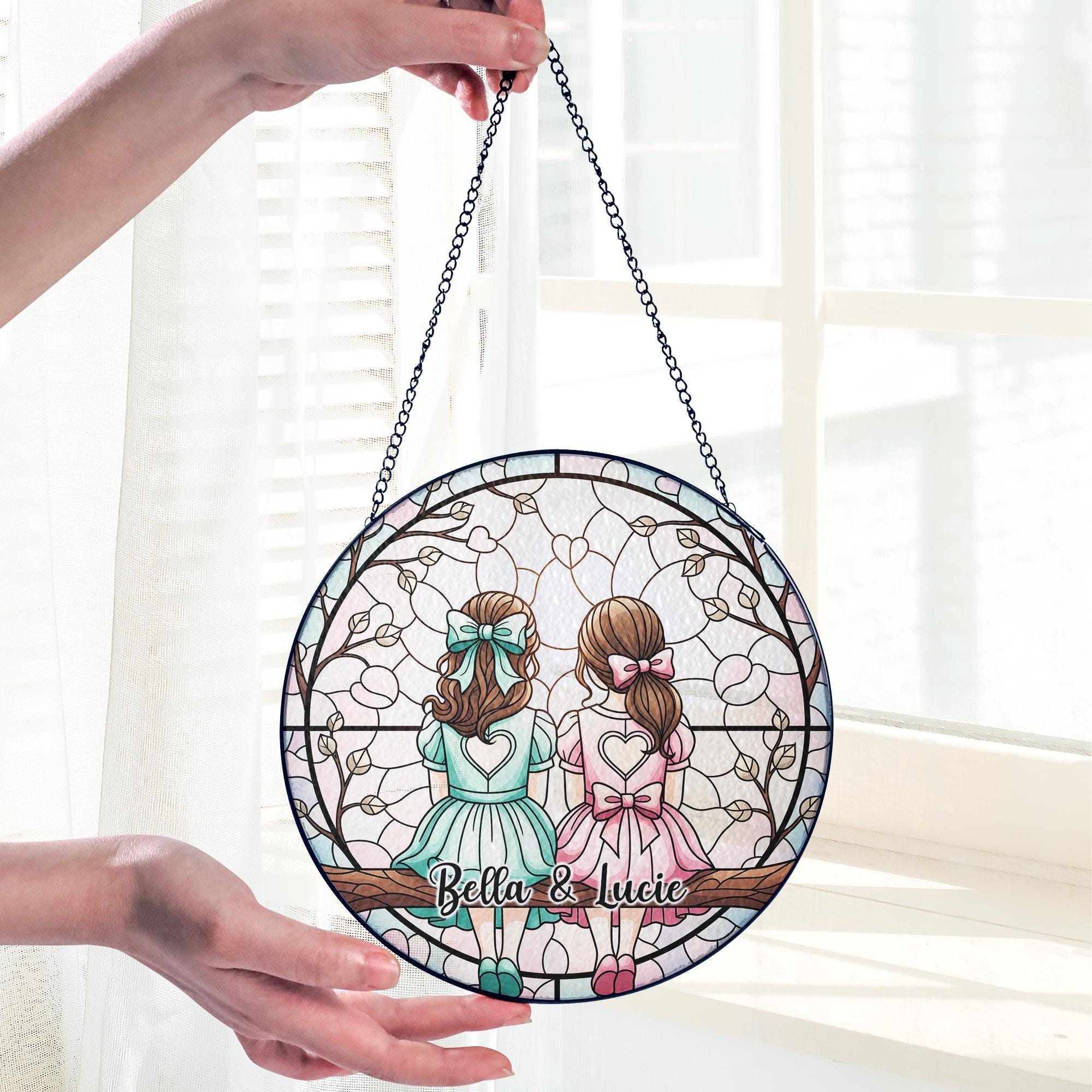 Custom Glass Suncatcher – Personalized Sisters or Friends Gift with Names, Decorative Window Hanging Ornament for Home, Cute Gift