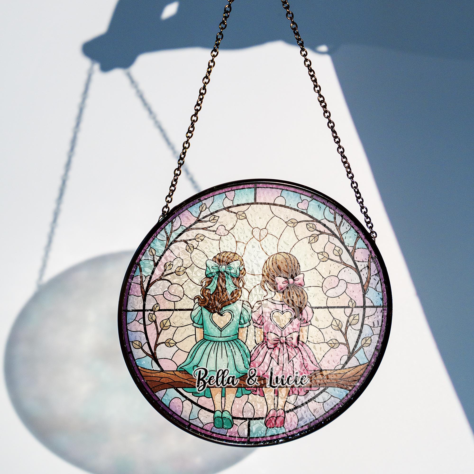 Custom Glass Suncatcher – Personalized Sisters or Friends Gift with Names, Decorative Window Hanging Ornament for Home, Cute Gift