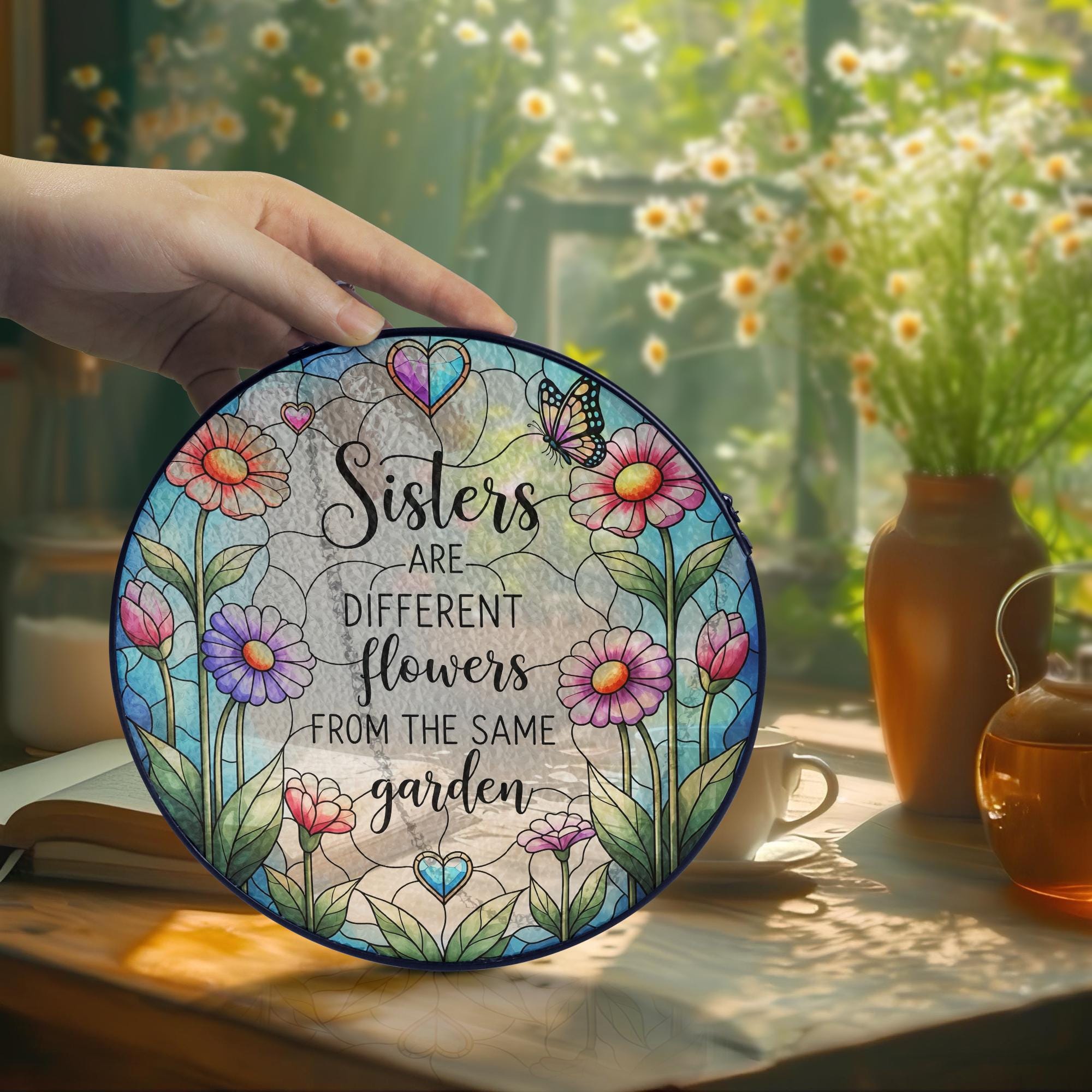 Sisters Glass Suncatcher – Floral Window Hanging Gift, Different Flowers Same Garden Quote, Sister Friendship Home Decor, Sister Cute Gift