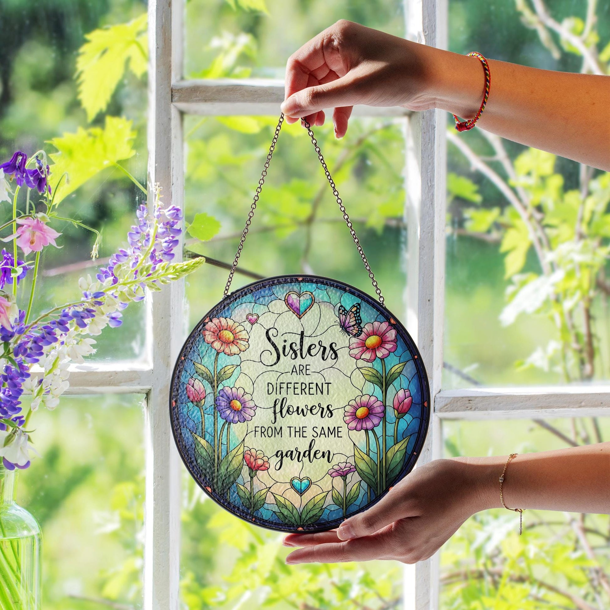 Sisters Glass Suncatcher – Floral Window Hanging Gift, Different Flowers Same Garden Quote, Sister Friendship Home Decor, Sister Cute Gift