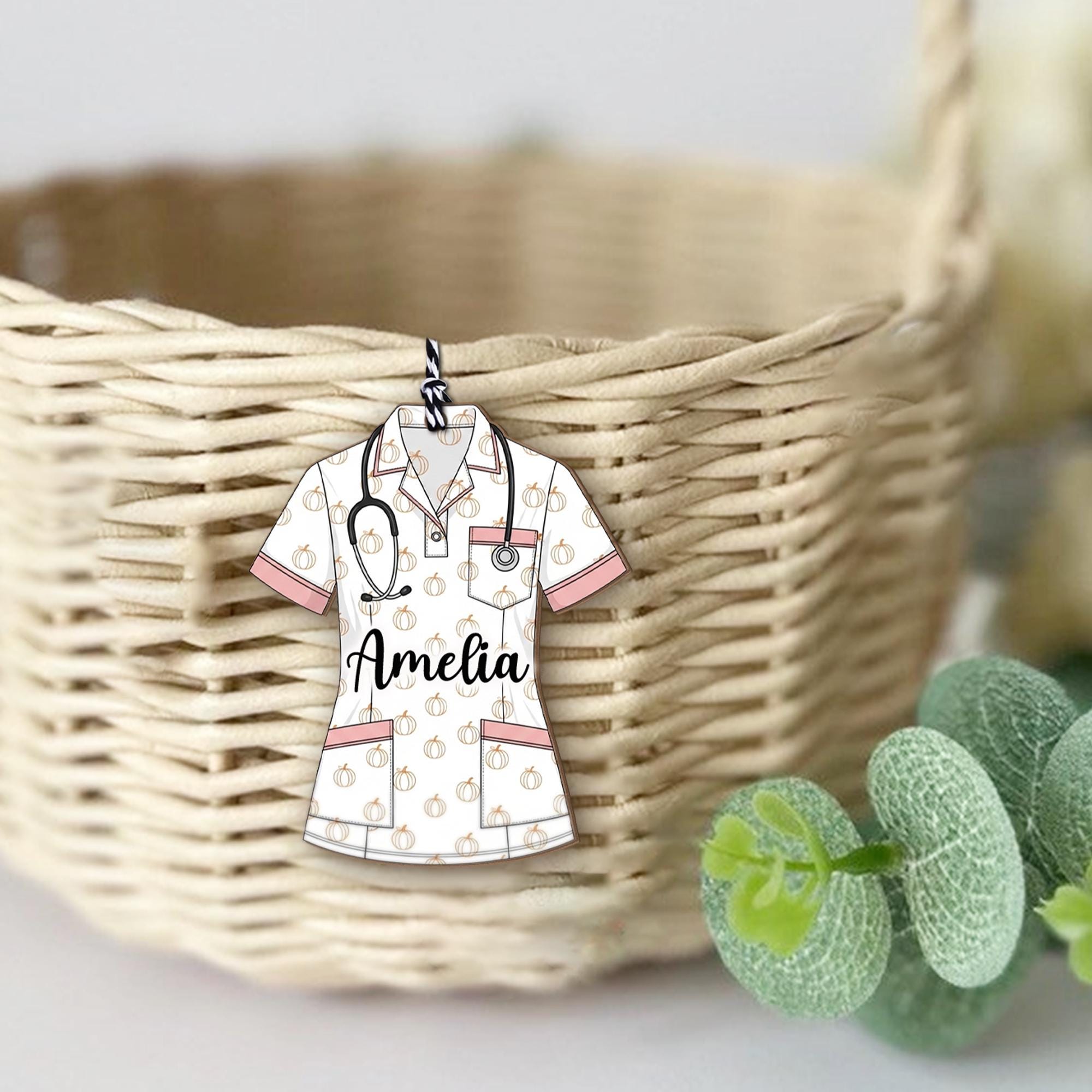 Custom Nurse Scrub Basket Tag – Personalized Name Ornament with Stethoscope, Medical Staff Gift for Nurse, Doctor, Healthcare Worker
