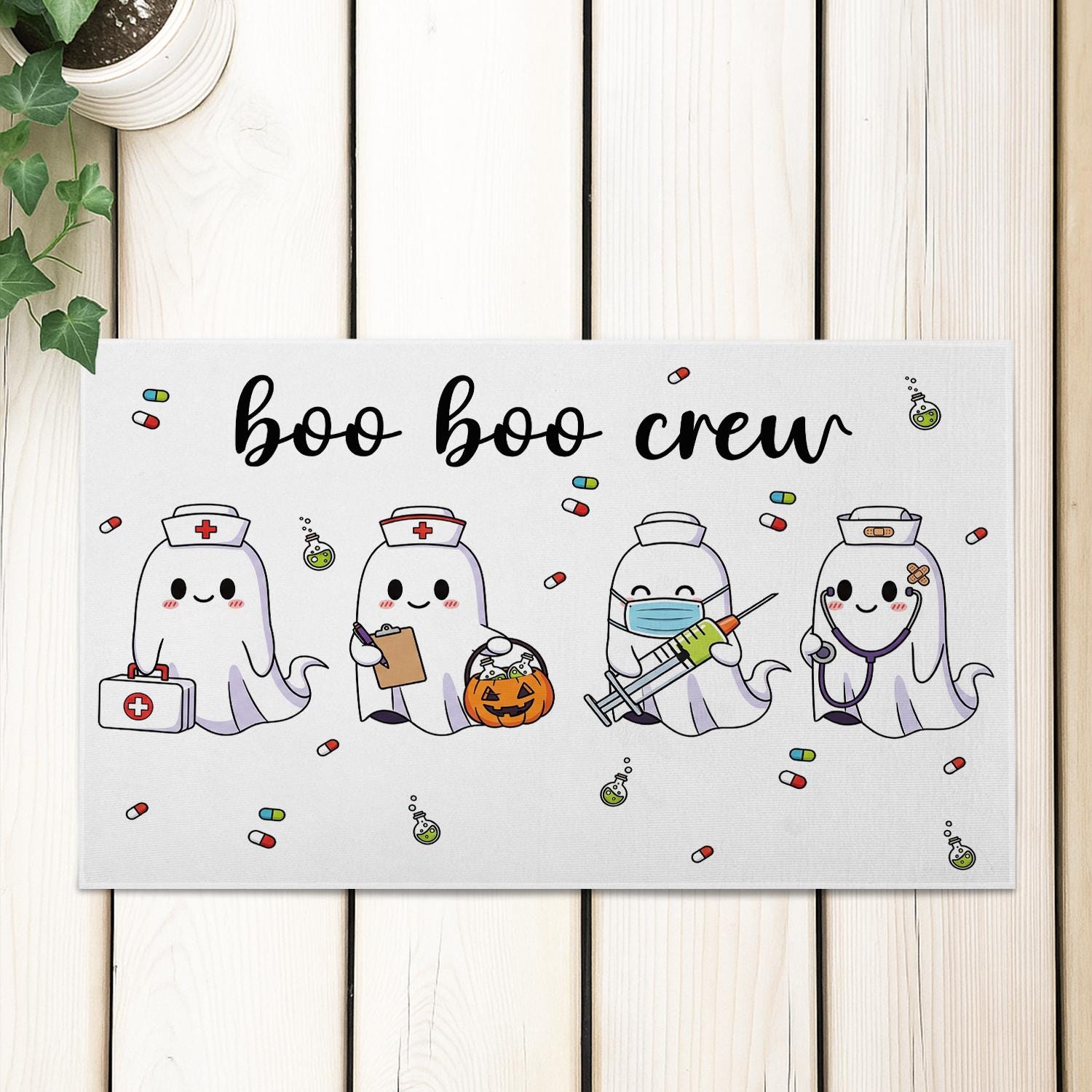 Boo Boo Crew Halloween Doormat – Funny Nurse Ghost Door Mat, Medical Staff Fall Decor, Spooky Healthcare Worker Porch Rug Gift, Room Decor