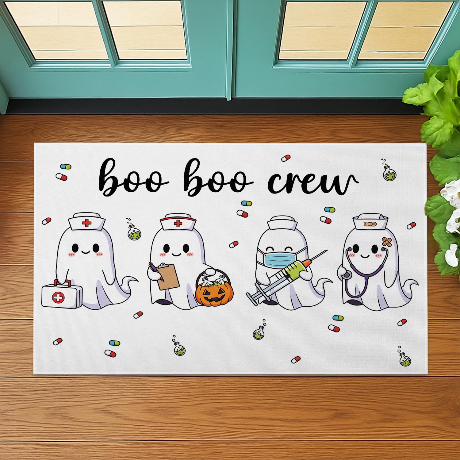 Boo Boo Crew Halloween Doormat – Funny Nurse Ghost Door Mat, Medical Staff Fall Decor, Spooky Healthcare Worker Porch Rug Gift, Room Decor