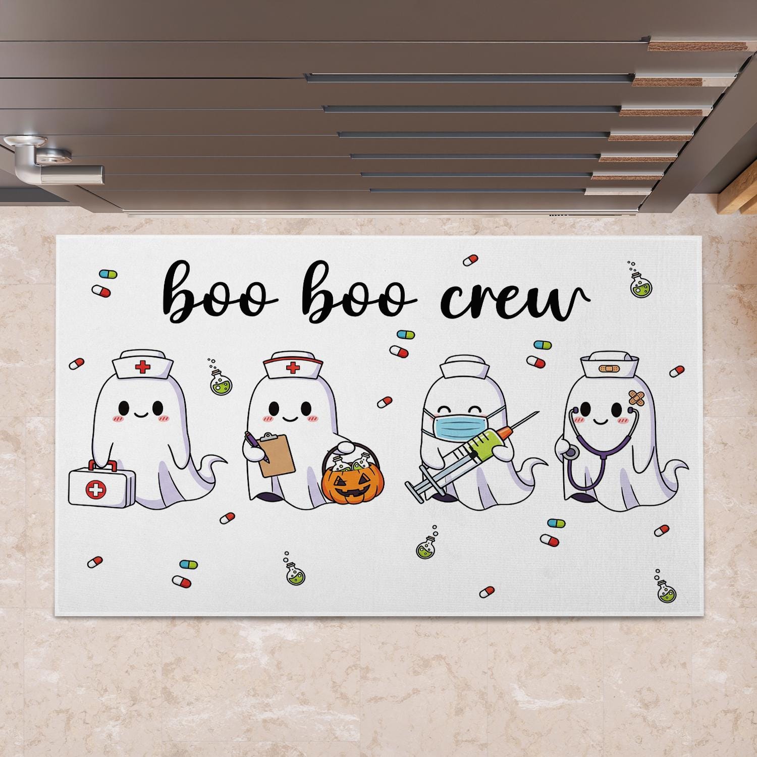 Boo Boo Crew Halloween Doormat – Funny Nurse Ghost Door Mat, Medical Staff Fall Decor, Spooky Healthcare Worker Porch Rug Gift, Room Decor