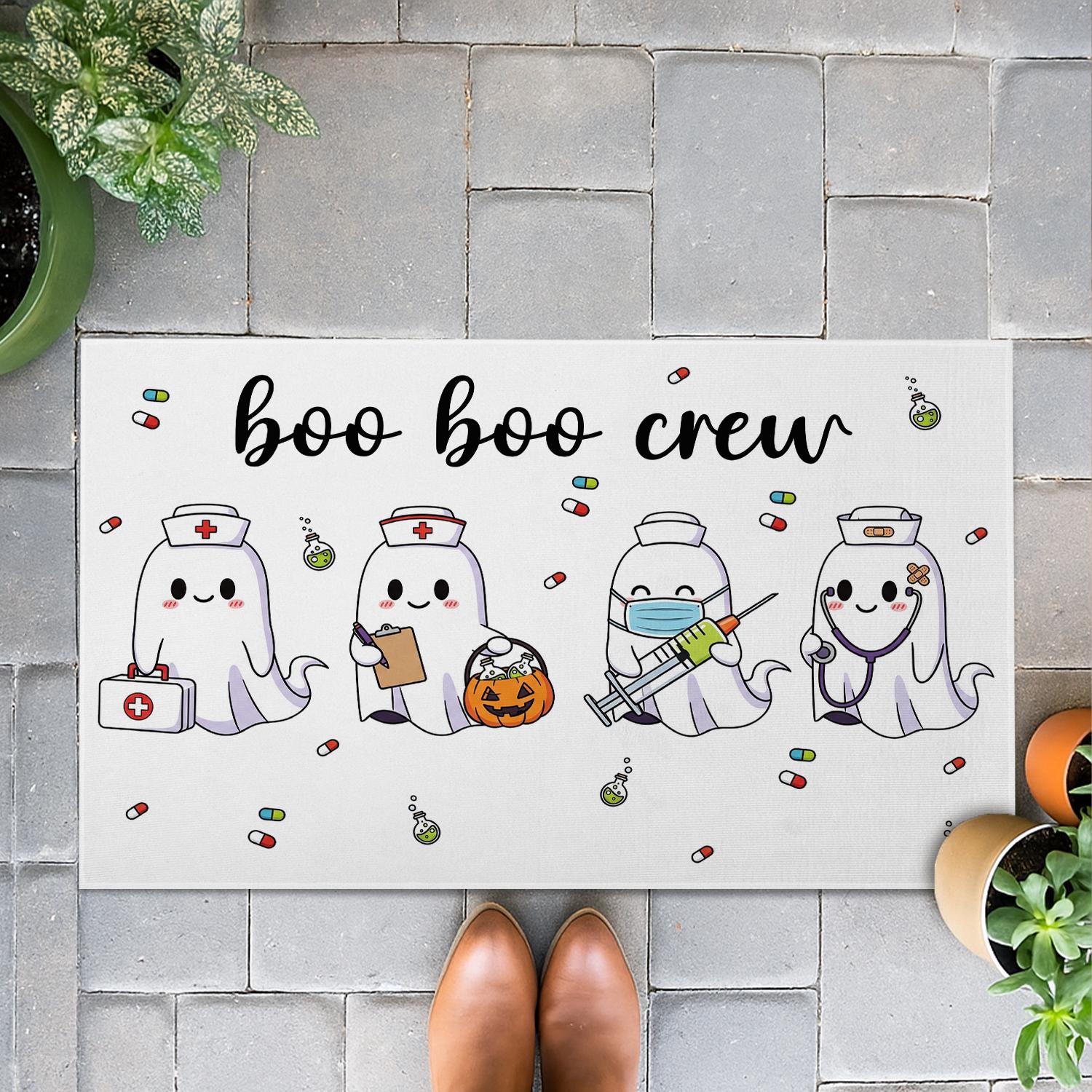 Boo Boo Crew Halloween Doormat – Funny Nurse Ghost Door Mat, Medical Staff Fall Decor, Spooky Healthcare Worker Porch Rug Gift, Room Decor