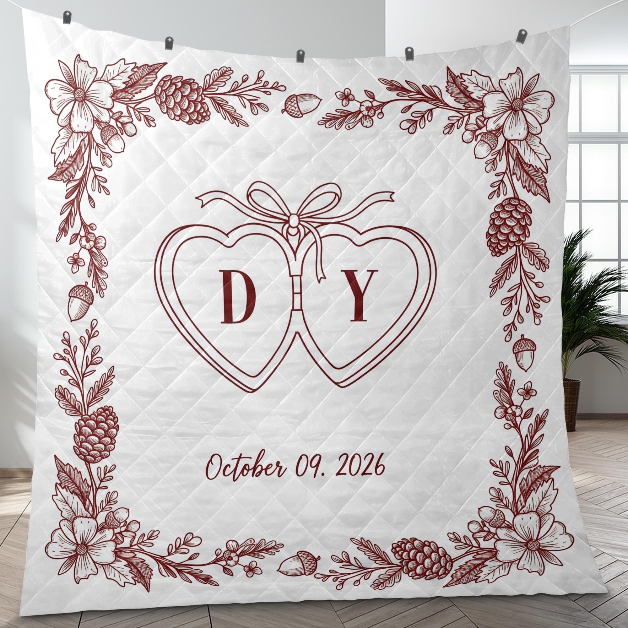 Custom Wedding Blanket, Personalized Couple Throw, Anniversary Gift, Engagement Blanket, Monogram Date Quilt, Romantic Home Decor