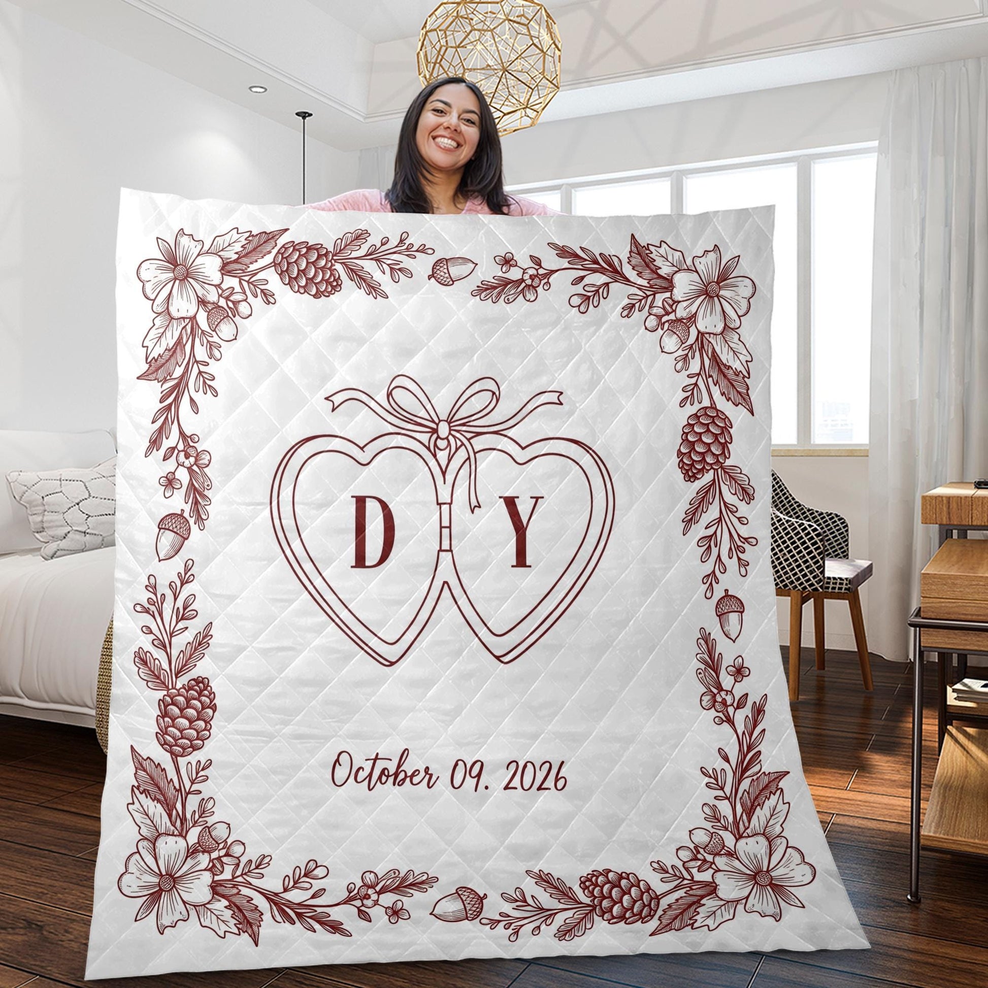 Custom Wedding Blanket, Personalized Couple Throw, Anniversary Gift, Engagement Blanket, Monogram Date Quilt, Romantic Home Decor