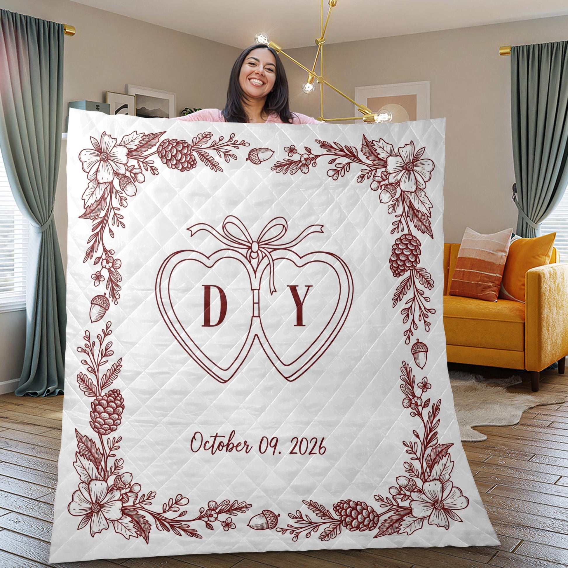 Custom Wedding Blanket, Personalized Couple Throw, Anniversary Gift, Engagement Blanket, Monogram Date Quilt, Romantic Home Decor