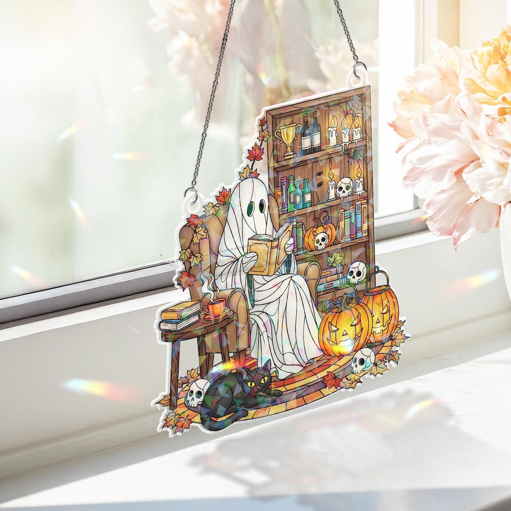 Ghost Reading Book Suncatcher, Spooky Black Cat Halloween Decor, Book Lover Gift for Bookworm Library