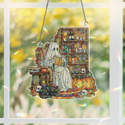 Ghost Reading Book Suncatcher, Spooky Black Cat Halloween Decor, Book Lover Gift for Bookworm Library