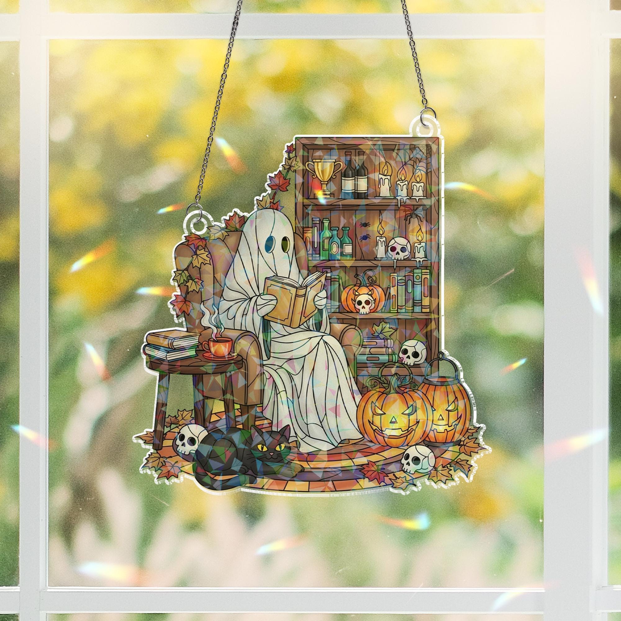Ghost Reading Book Suncatcher, Spooky Black Cat Halloween Decor, Book Lover Gift for Bookworm Library