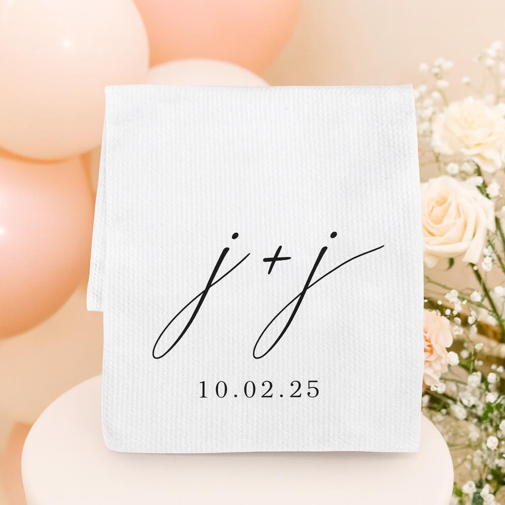 Custom Wedding Towel | Personalized Initials & Date Tea Towel | Bride and Groom Gift | Elegant Wedding Keepsake Kitchen Decor