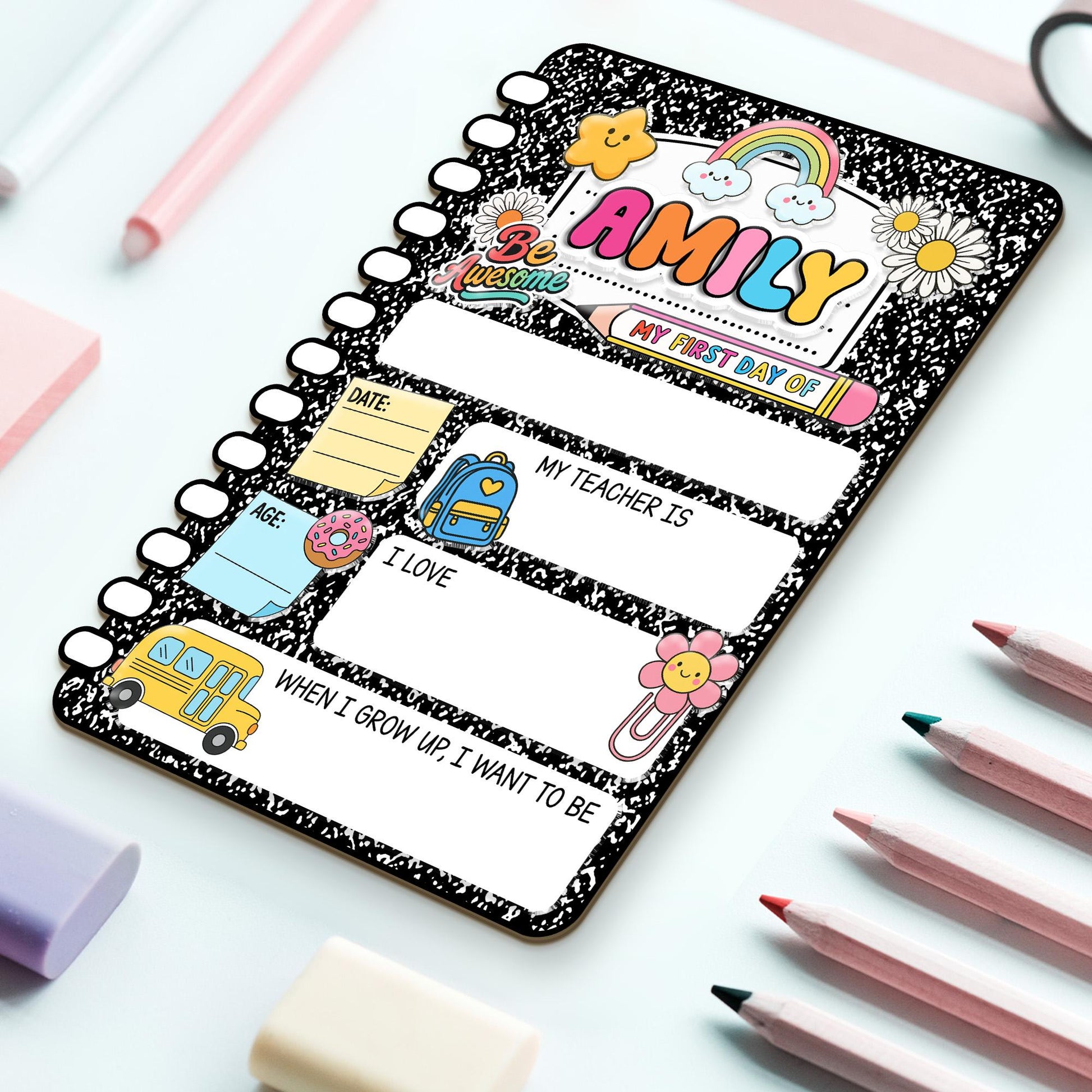 Custom First Day, Last Day of School Interchangeable Wood Sign, Personalized Back to School Board, Kids Notebook Sign, Memory Keepsake