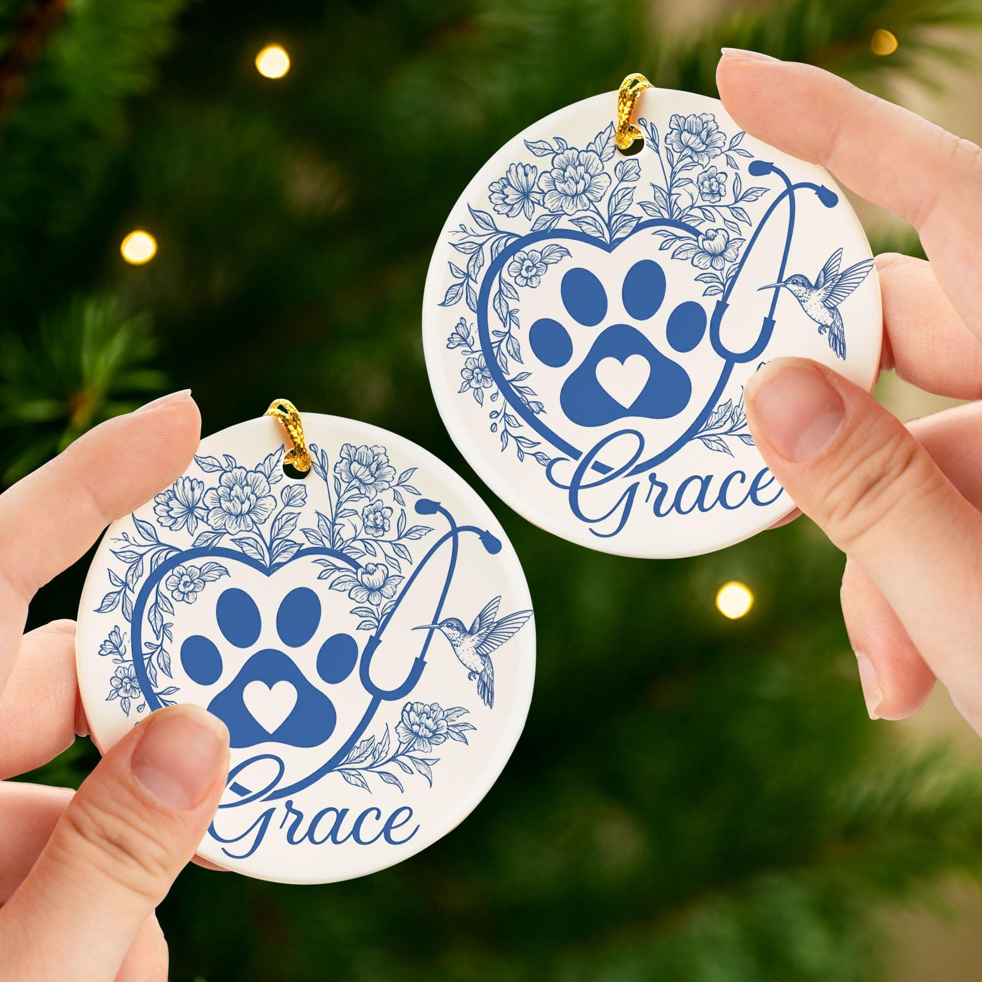 Personalized Vet Christmas Ornament: Paw Print Stethoscope Ceramic Decor