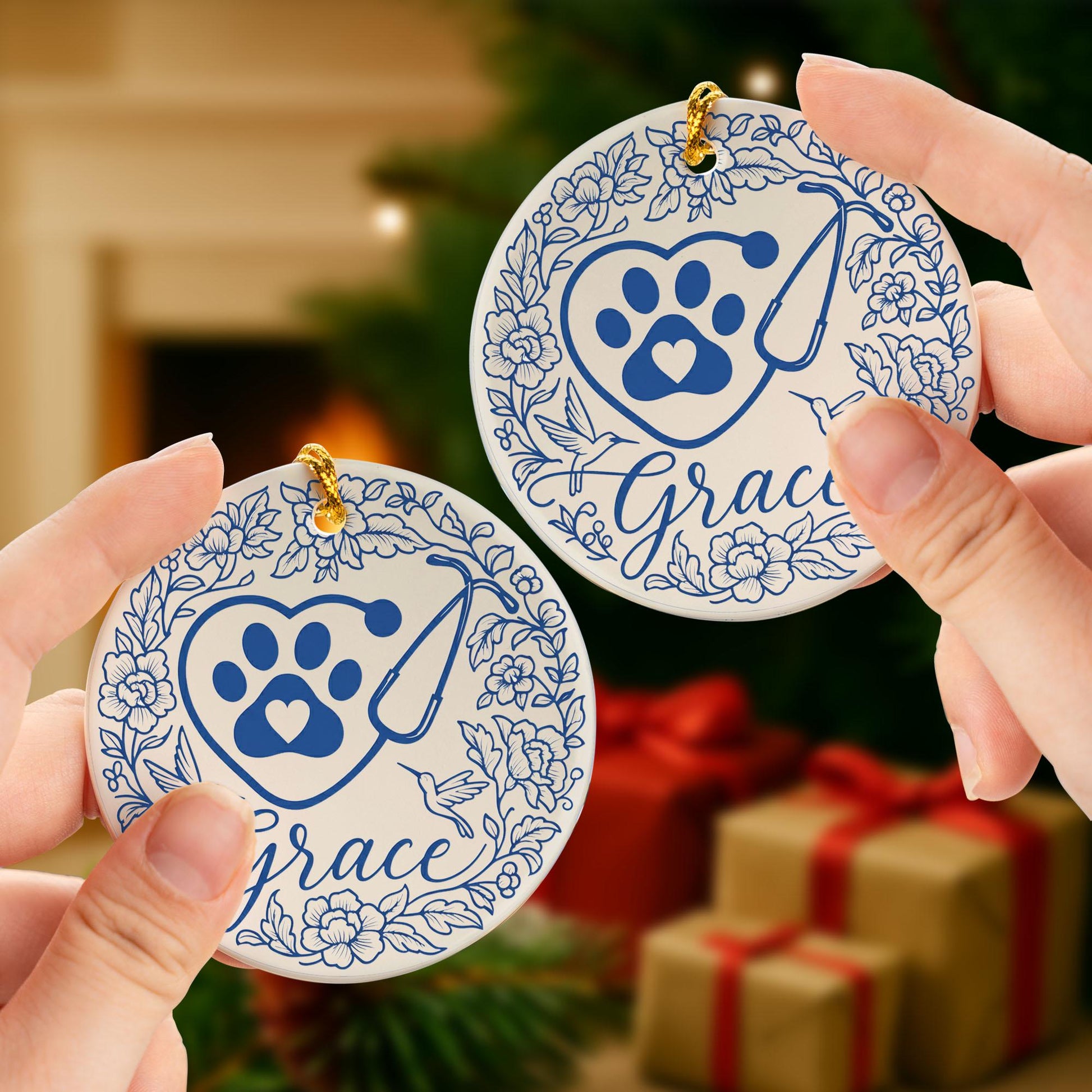 Personalized Vet Christmas Ornament: Paw Print Stethoscope Ceramic Decor