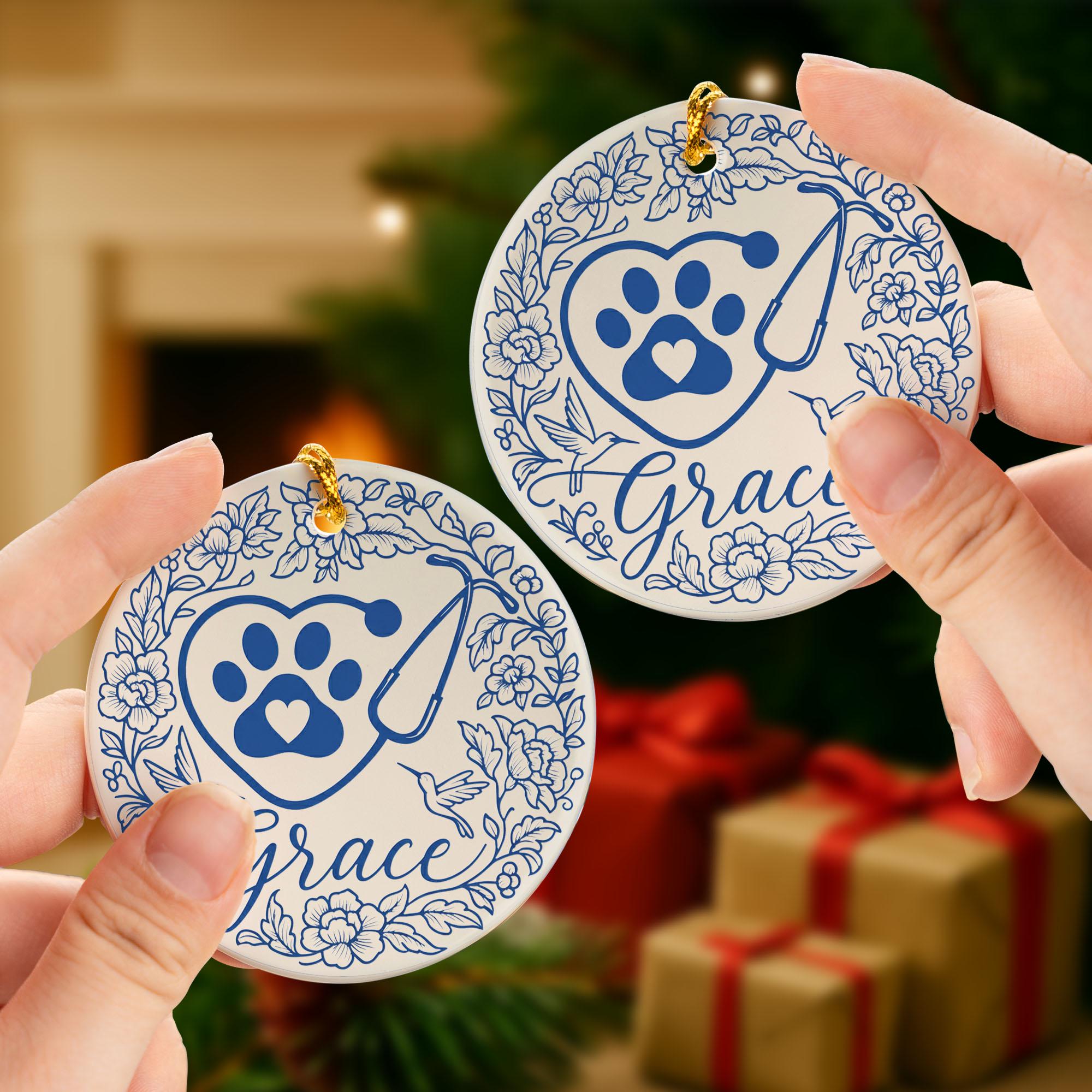 Personalized Vet Christmas Ornament: Paw Print Stethoscope Ceramic Decor