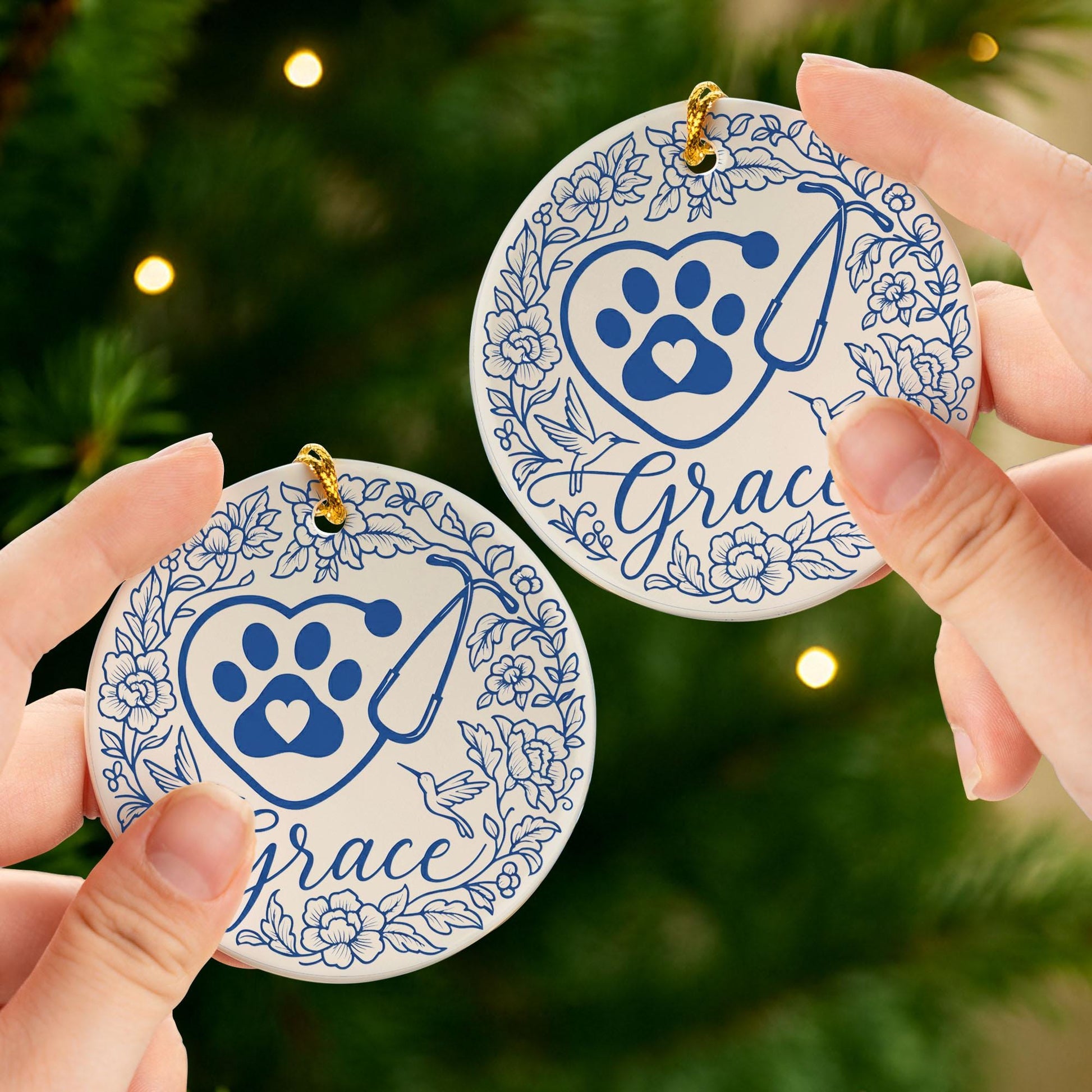 Personalized Vet Christmas Ornament: Paw Print Stethoscope Ceramic Decor