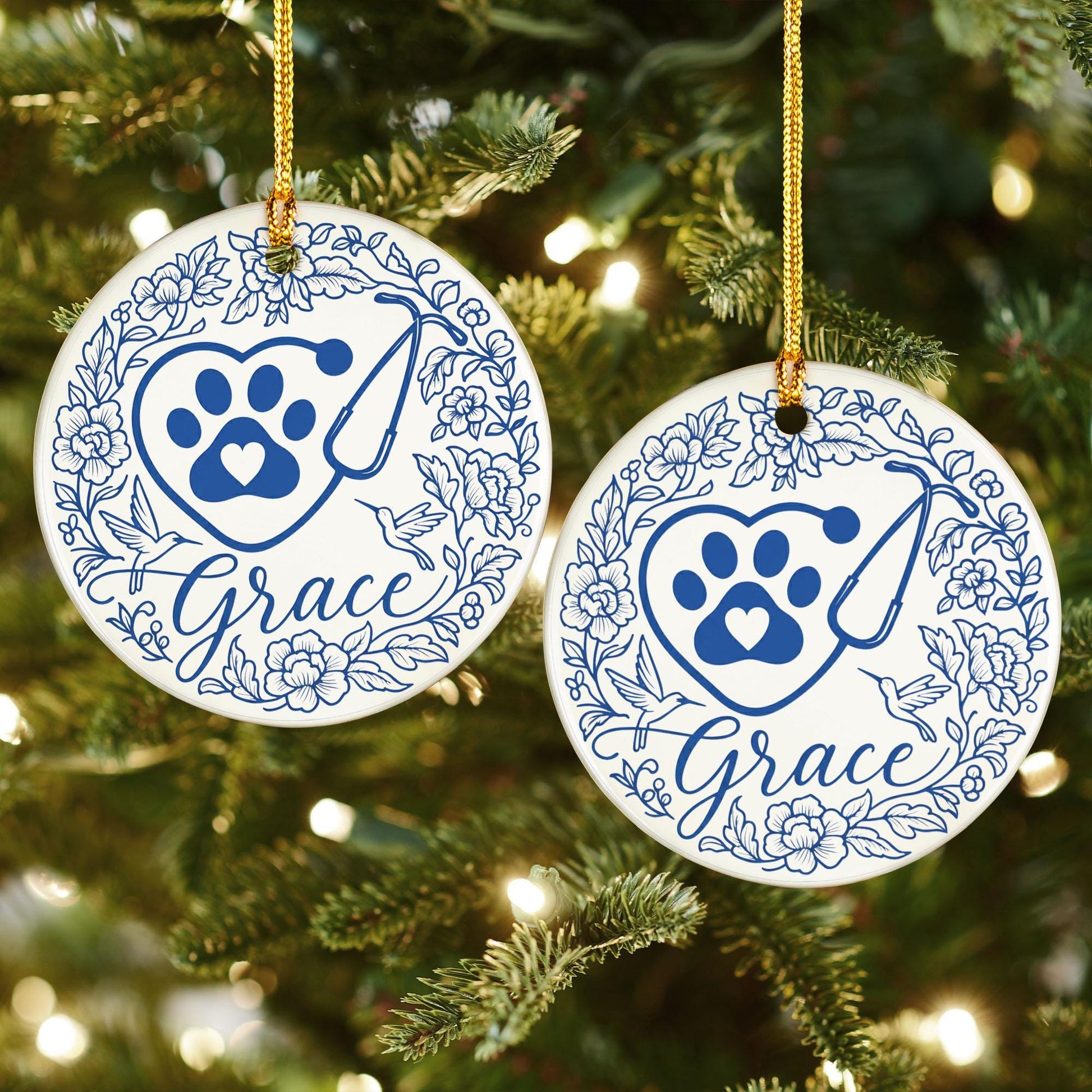 Personalized Vet Christmas Ornament: Paw Print Stethoscope Ceramic Decor