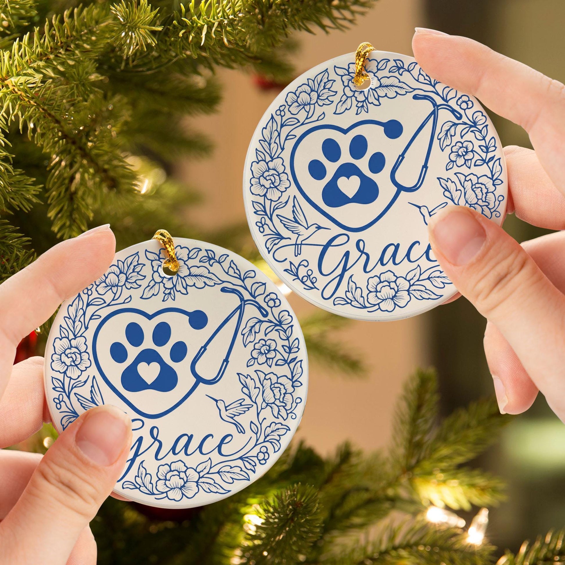Personalized Vet Christmas Ornament: Paw Print Stethoscope Ceramic Decor