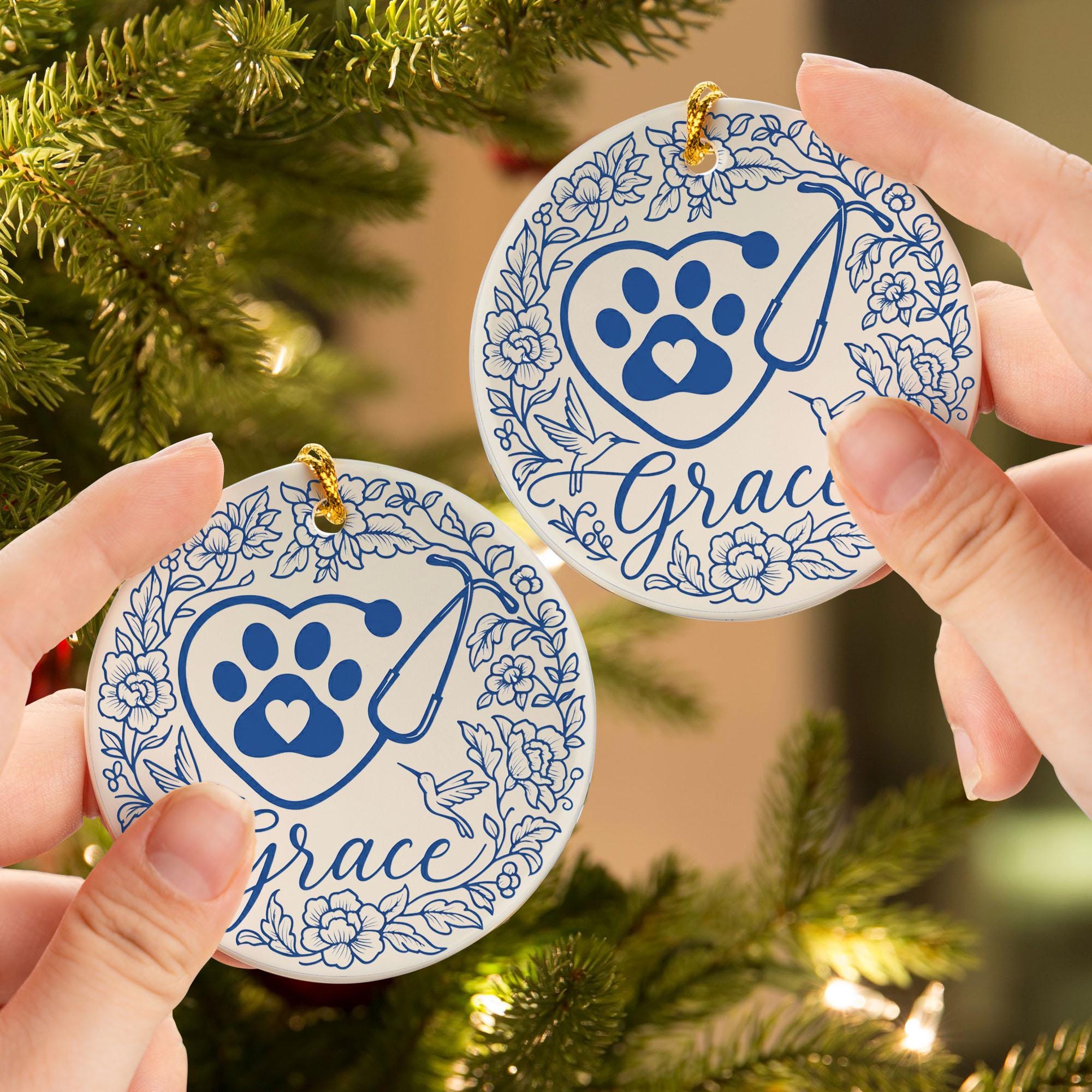 Personalized Vet Christmas Ornament: Paw Print Stethoscope Ceramic Decor
