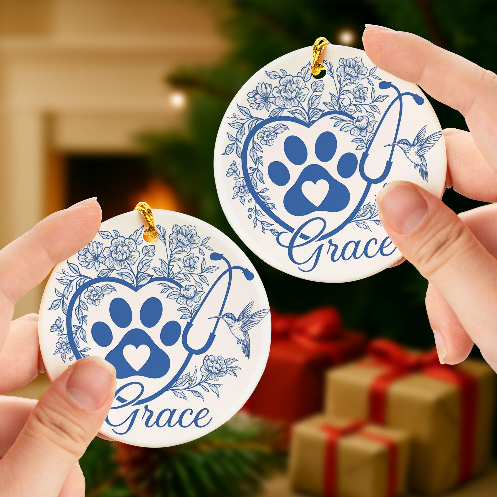 Personalized Vet Christmas Ornament: Paw Print Stethoscope Ceramic Decor