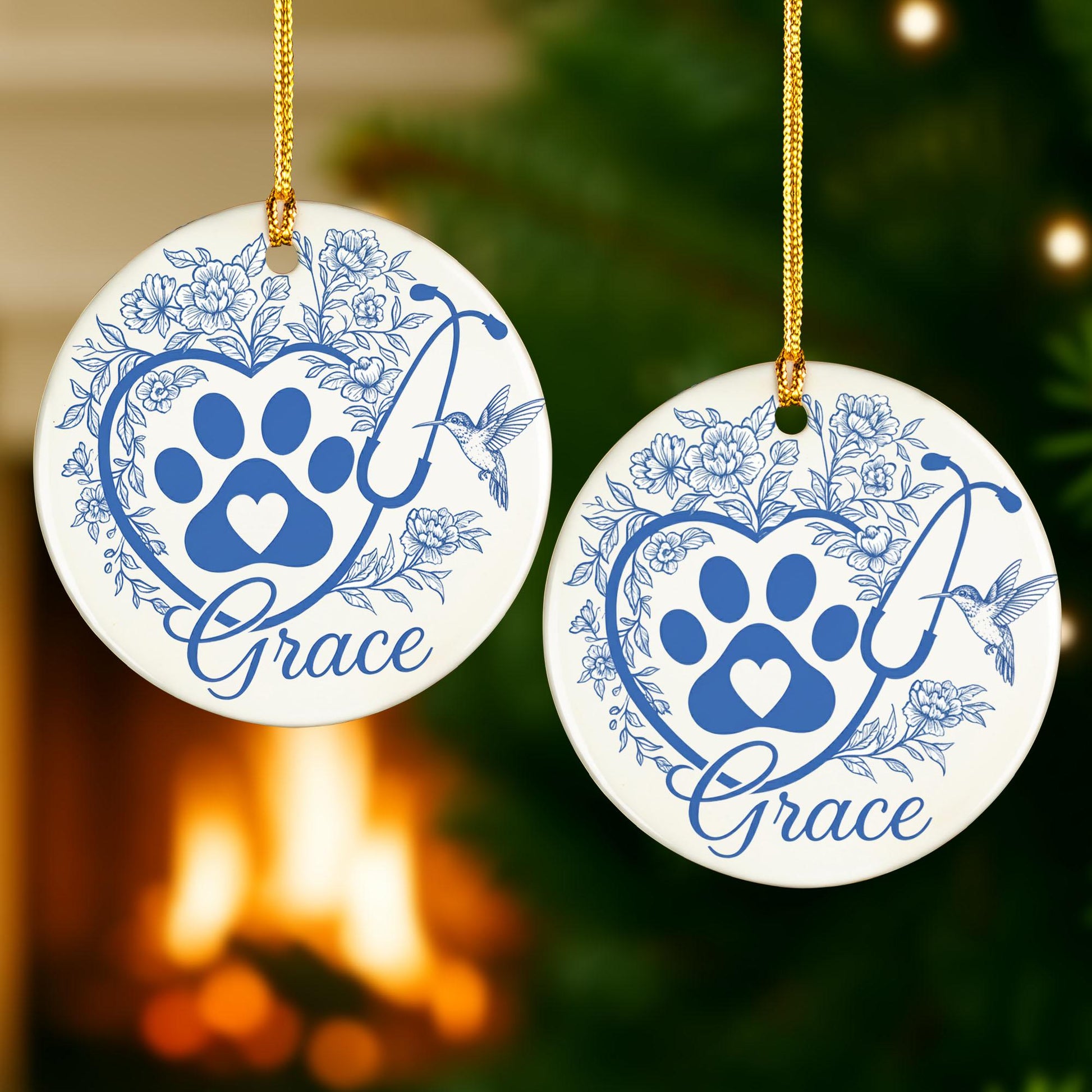 Personalized Vet Christmas Ornament: Paw Print Stethoscope Ceramic Decor