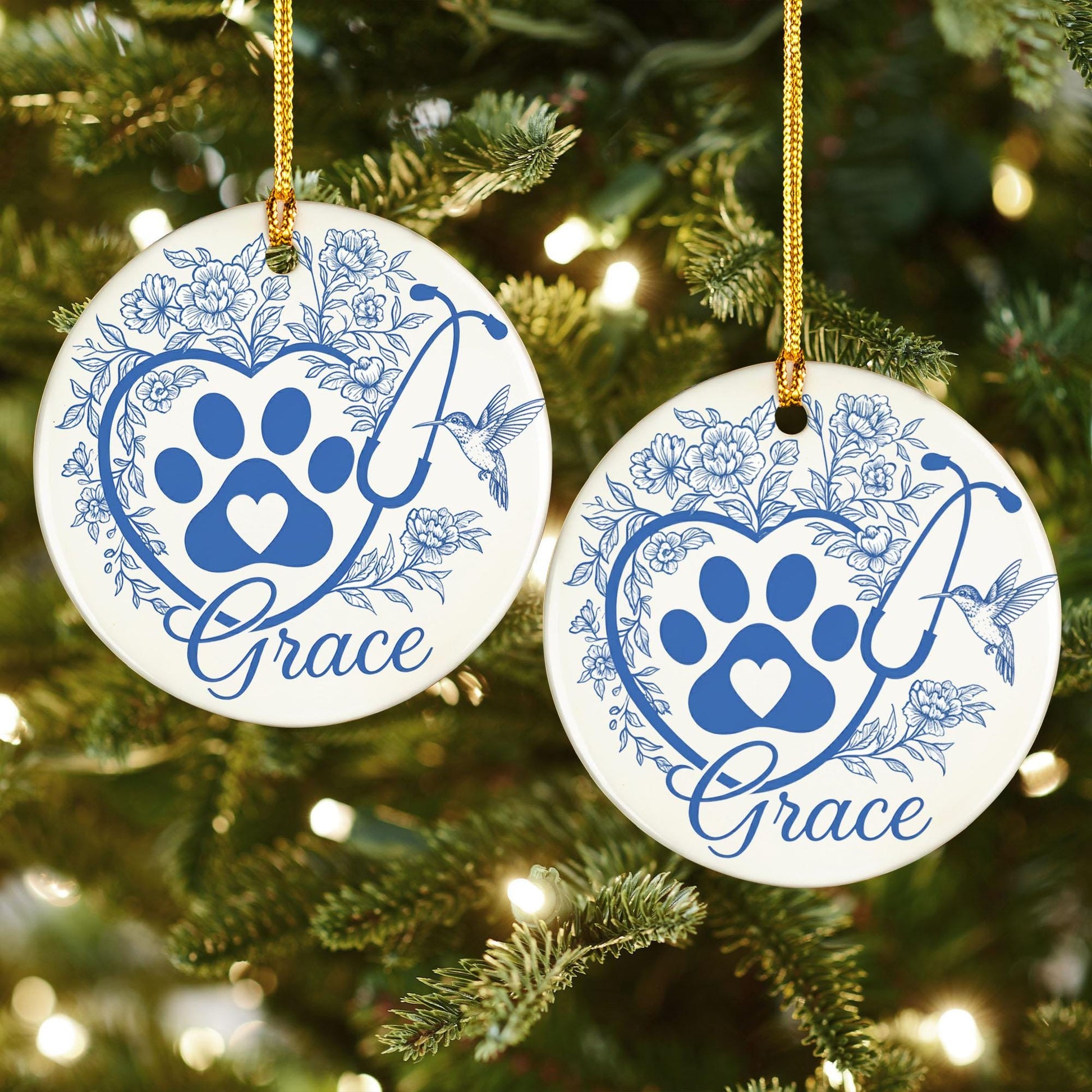 Personalized Vet Christmas Ornament: Paw Print Stethoscope Ceramic Decor