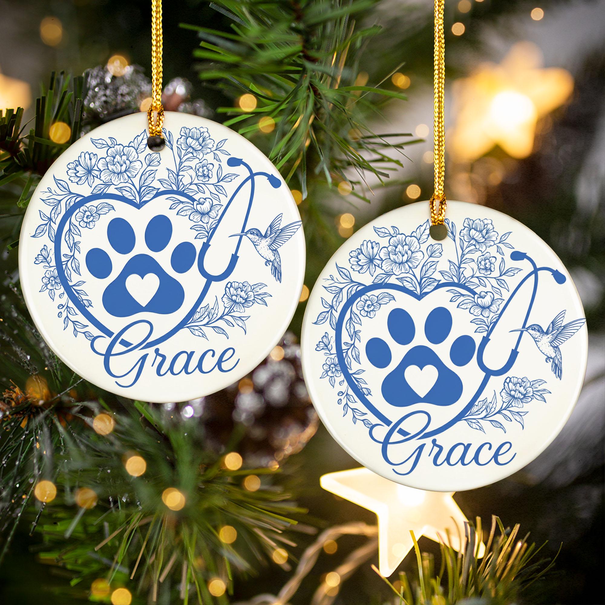Personalized Vet Christmas Ornament: Paw Print Stethoscope Ceramic Decor