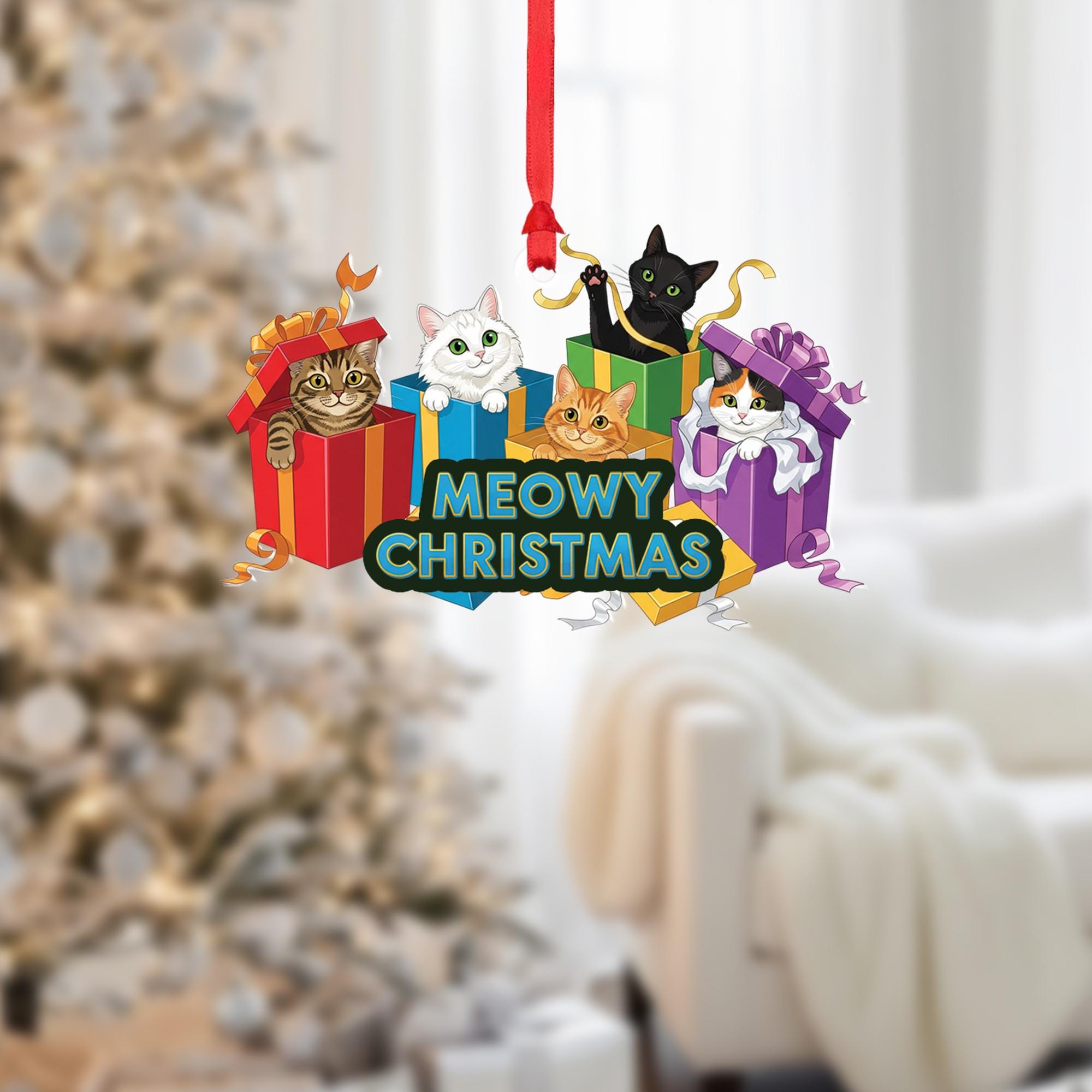 Meowy Christmas Cat Ornament, Cute Holiday Cat Lovers Gift, Funny Christmas Tree Decoration, Cat Lover Stocking Stuffer