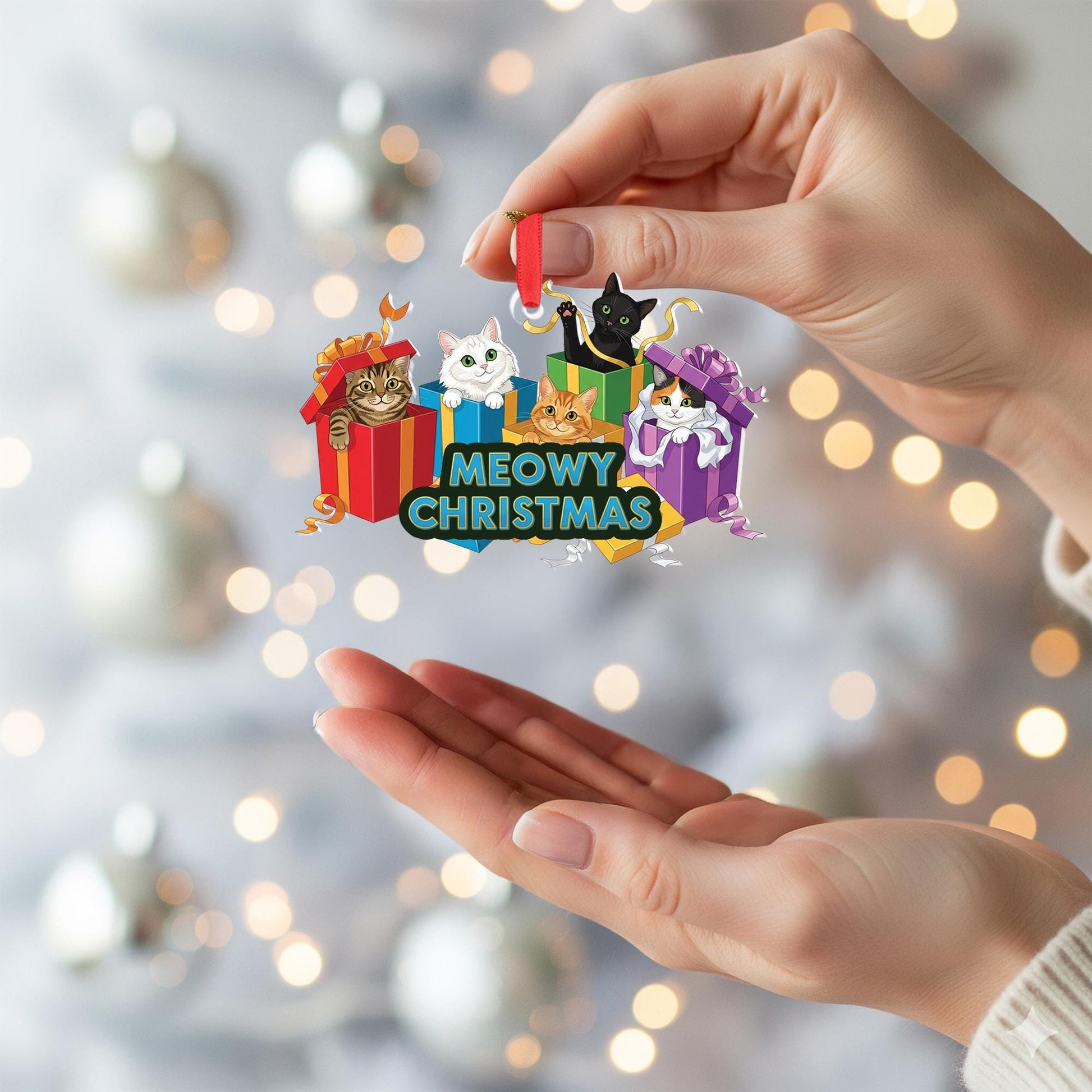 Meowy Christmas Cat Ornament, Cute Holiday Cat Lovers Gift, Funny Christmas Tree Decoration, Cat Lover Stocking Stuffer