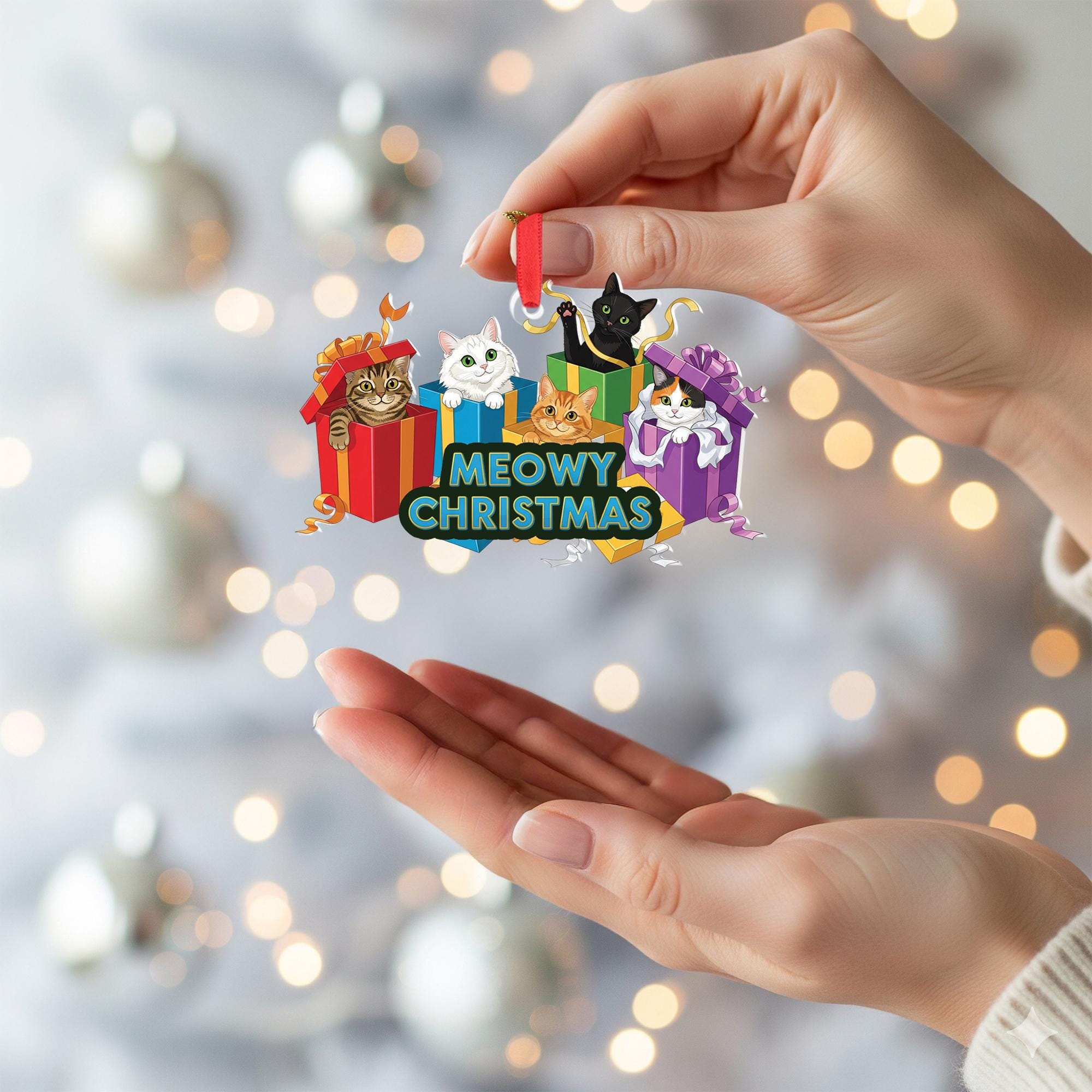 Meowy Christmas Cat Ornament, Cute Holiday Cat Lovers Gift, Funny Christmas Tree Decoration, Cat Lover Stocking Stuffer