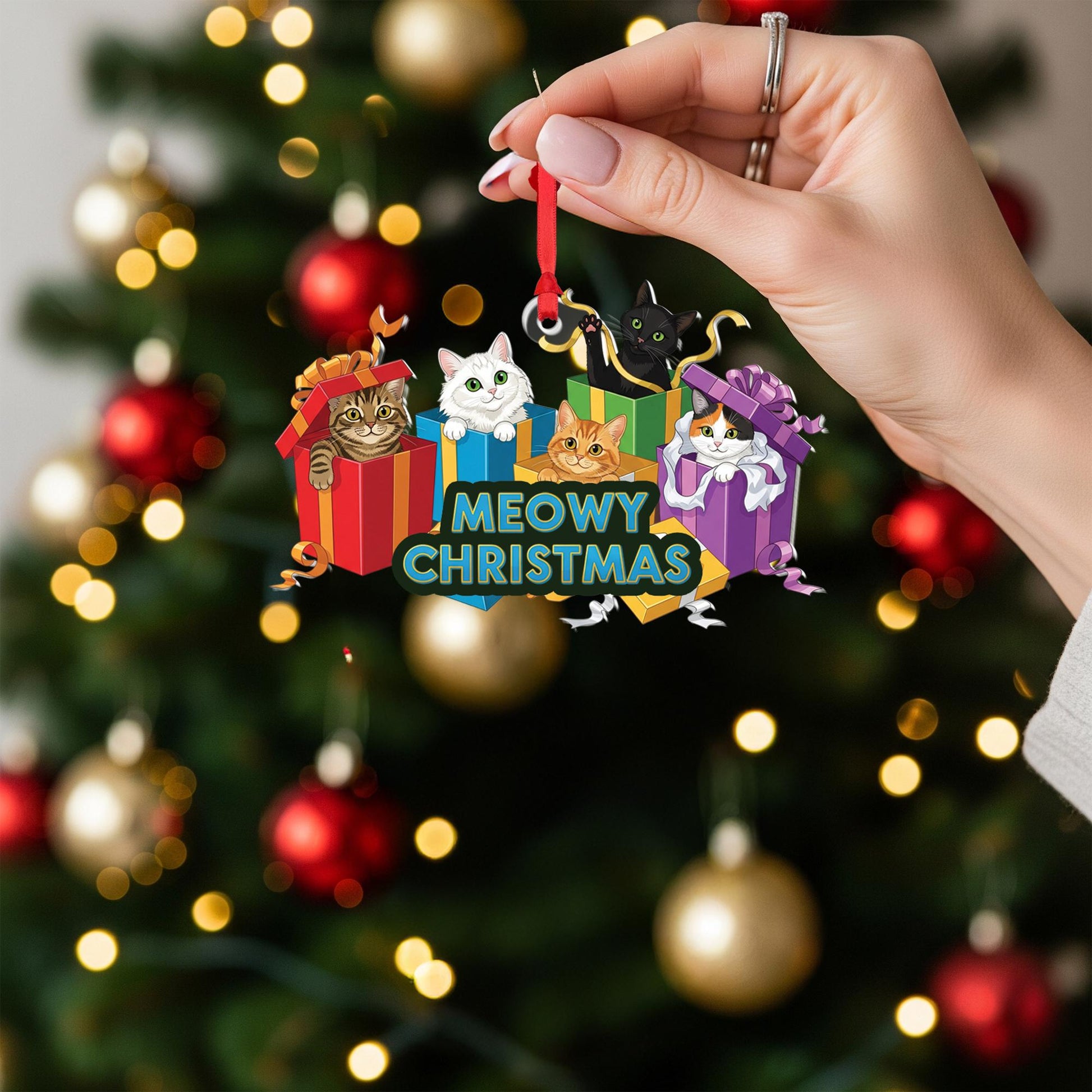 Meowy Christmas Cat Ornament, Cute Holiday Cat Lovers Gift, Funny Christmas Tree Decoration, Cat Lover Stocking Stuffer