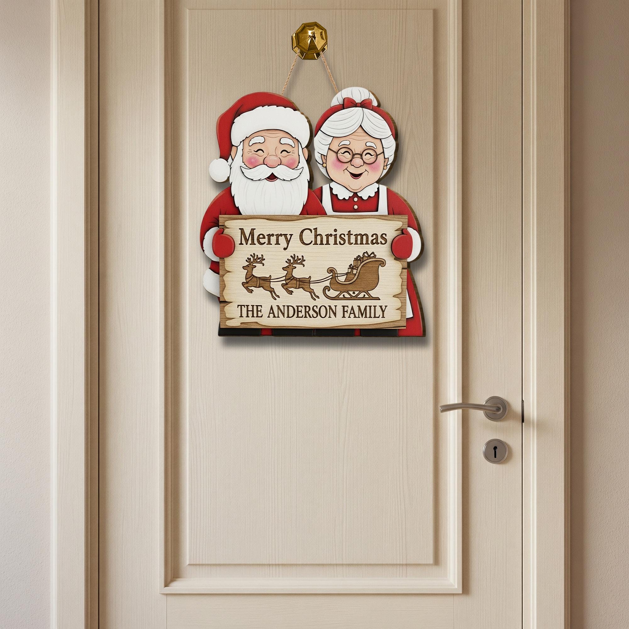 Personalized Wooden Christmas Sign, Santa & Mrs Claus Family Name Plaque, Holiday Door Hanger, Custom Christmas Decoration