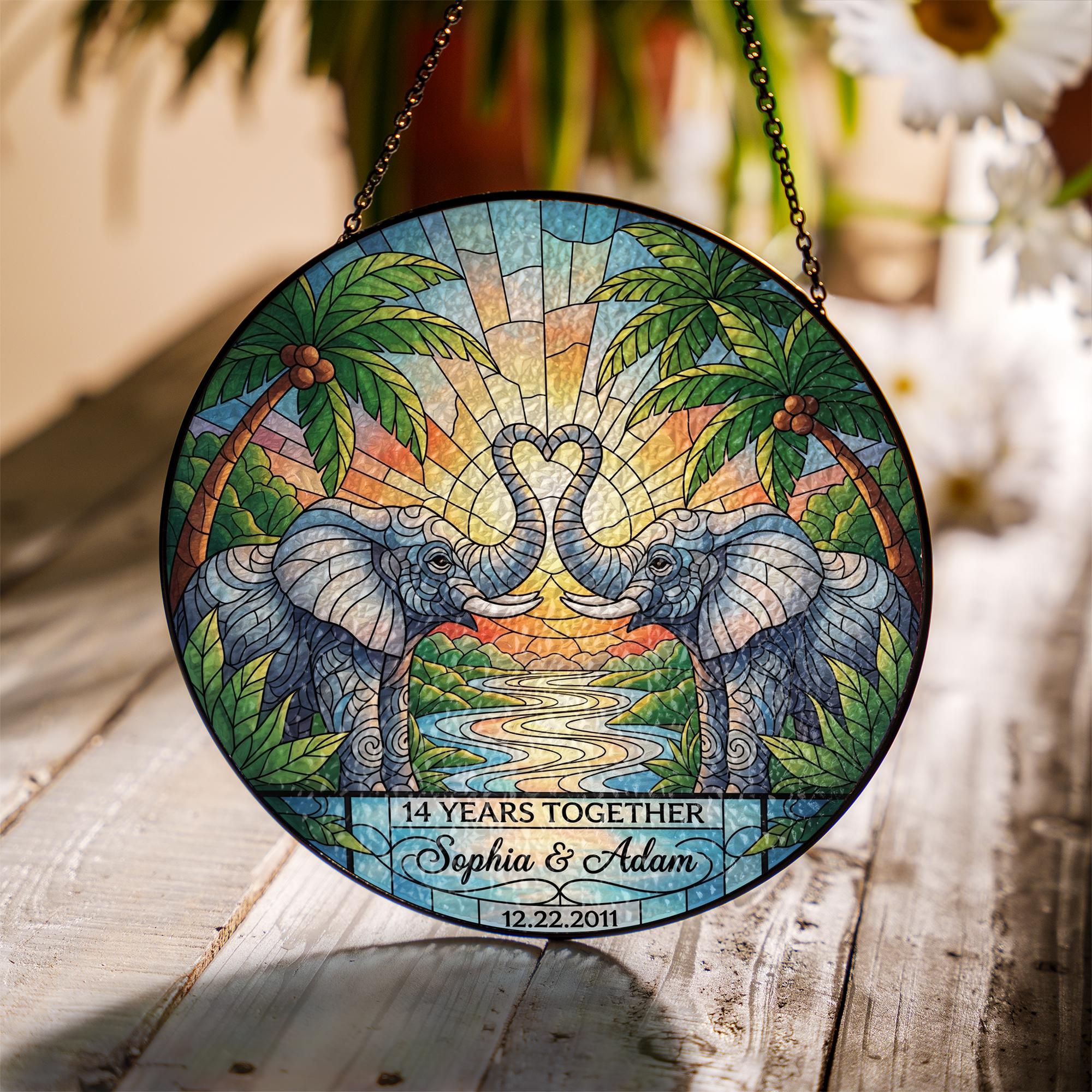 Personalized Elephant Suncatcher – Ivory Anniversary Gift, Custom Glass Sun Catcher for Couple, Wedding Decor
