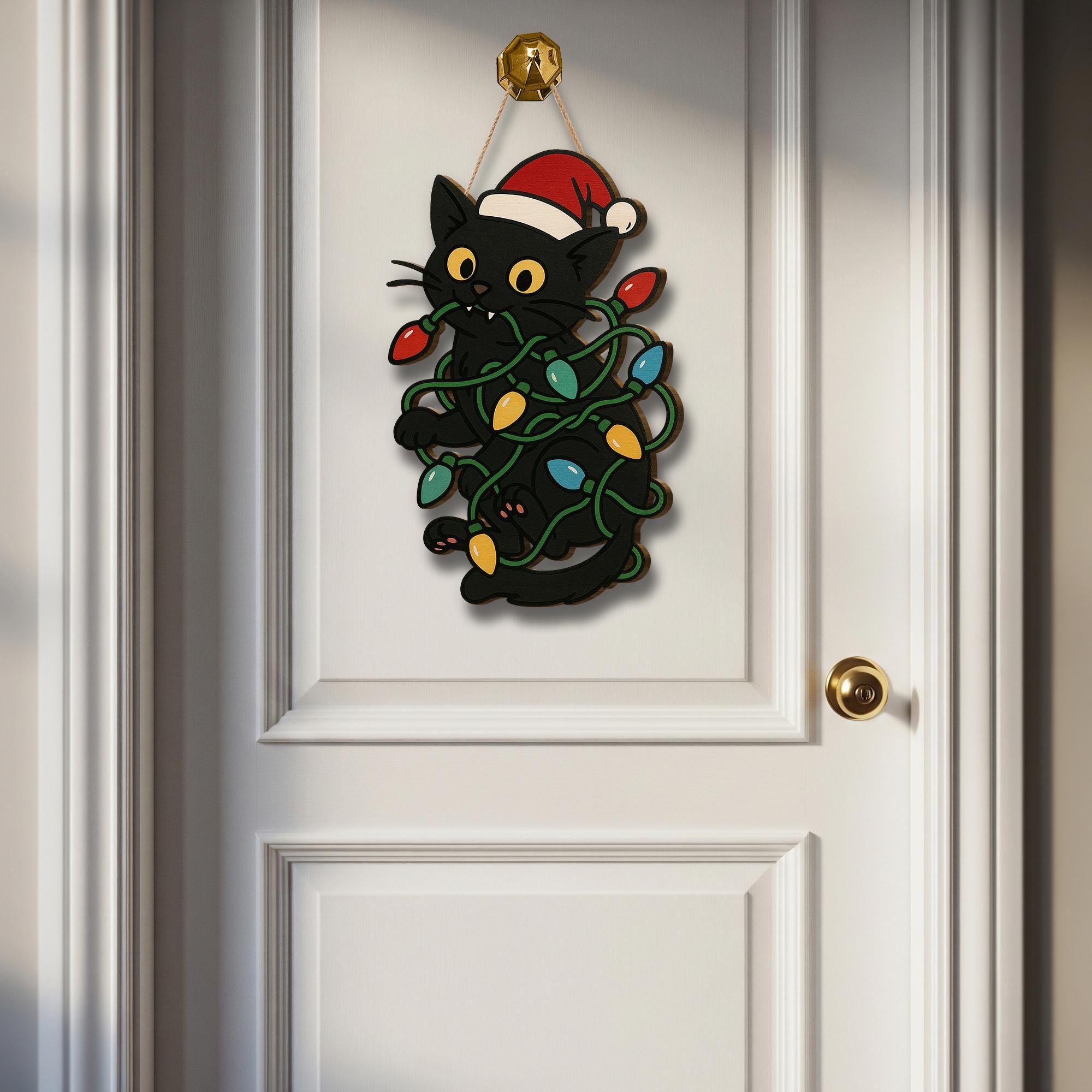 Black Cat Christmas Door Hanger - Wooden Holiday Sign with Santa Hat & Lights, Cute Cat Lover Christmas Decoration