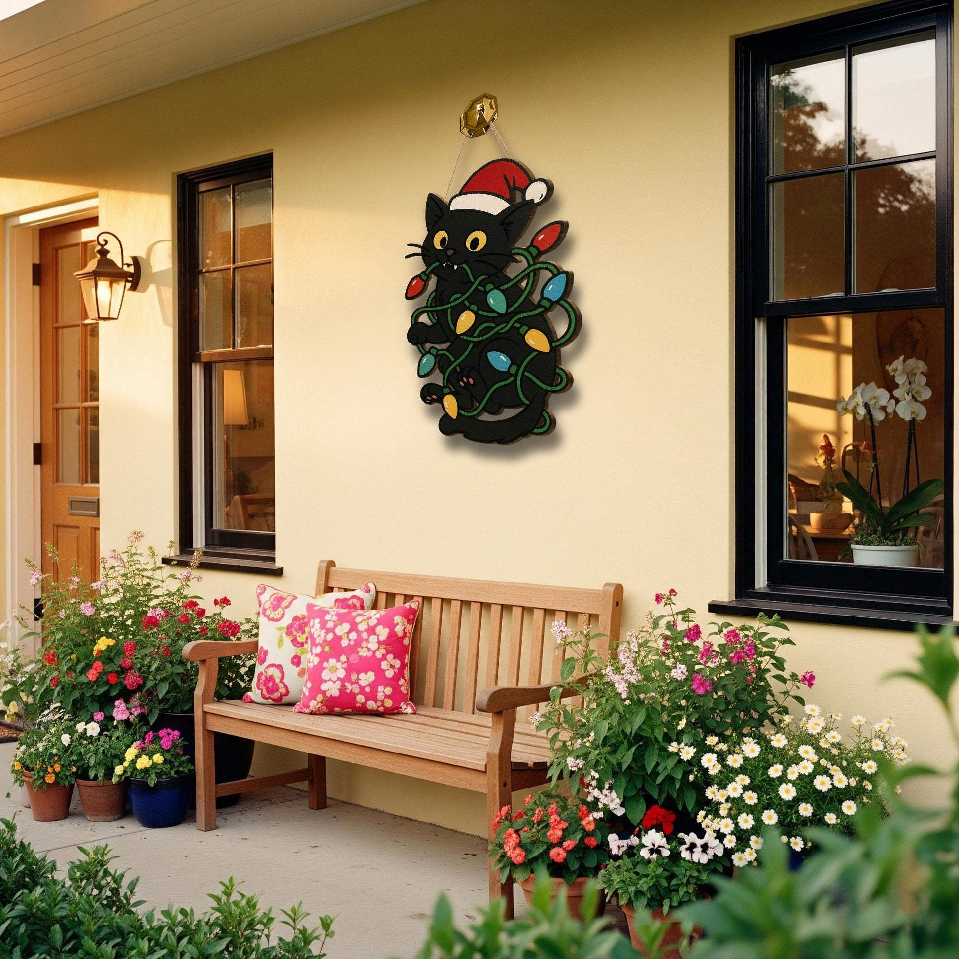 Black Cat Christmas Door Hanger - Wooden Holiday Sign with Santa Hat & Lights, Cute Cat Lover Christmas Decoration