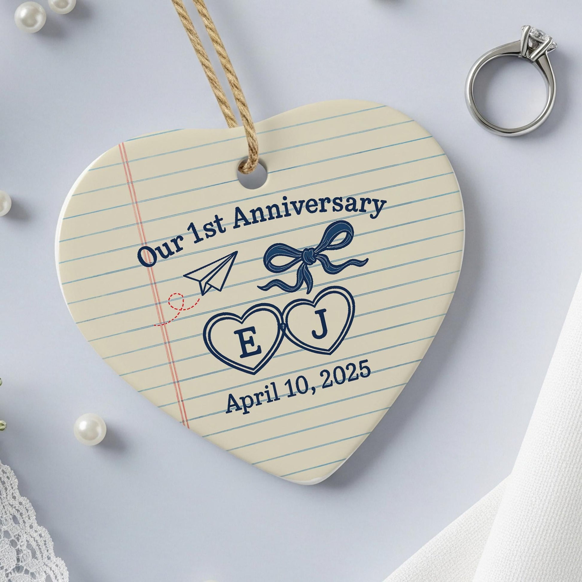 Personalized Ceramic Heart Ornament: 1st Anniversary Keepsake