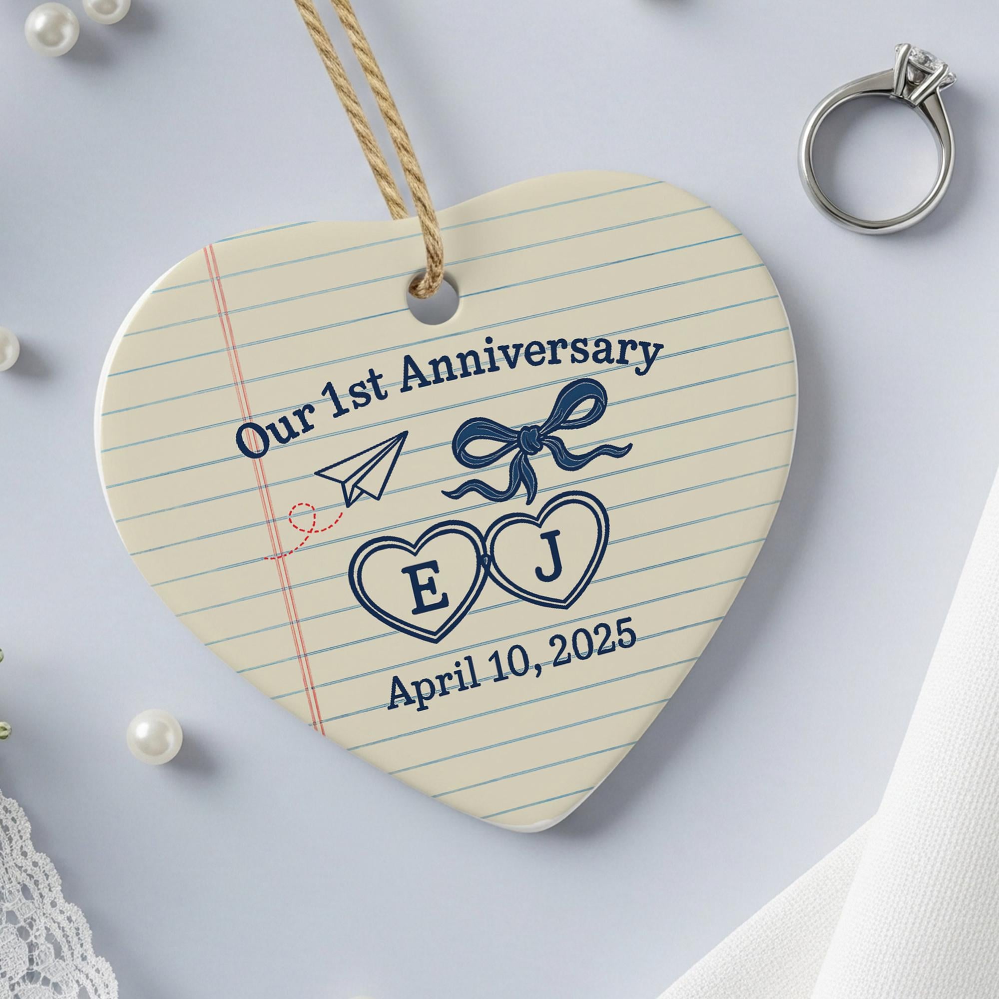 Personalized Ceramic Heart Ornament: 1st Anniversary Keepsake