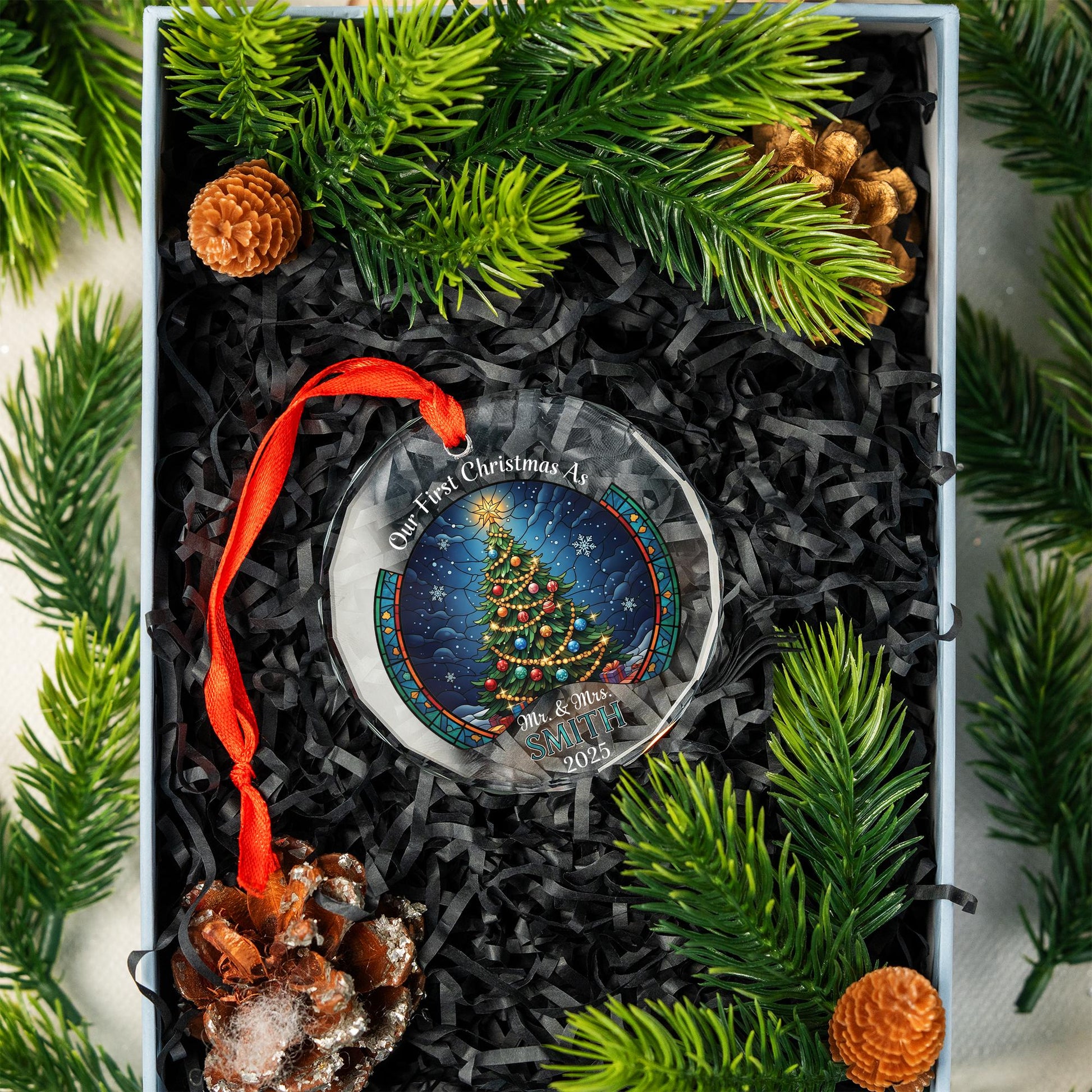 Personalized Glass Christmas Ornament 2025 – Our First Christmas Married Mr & Mrs Ornament, Custom Newlywed Holiday Gift