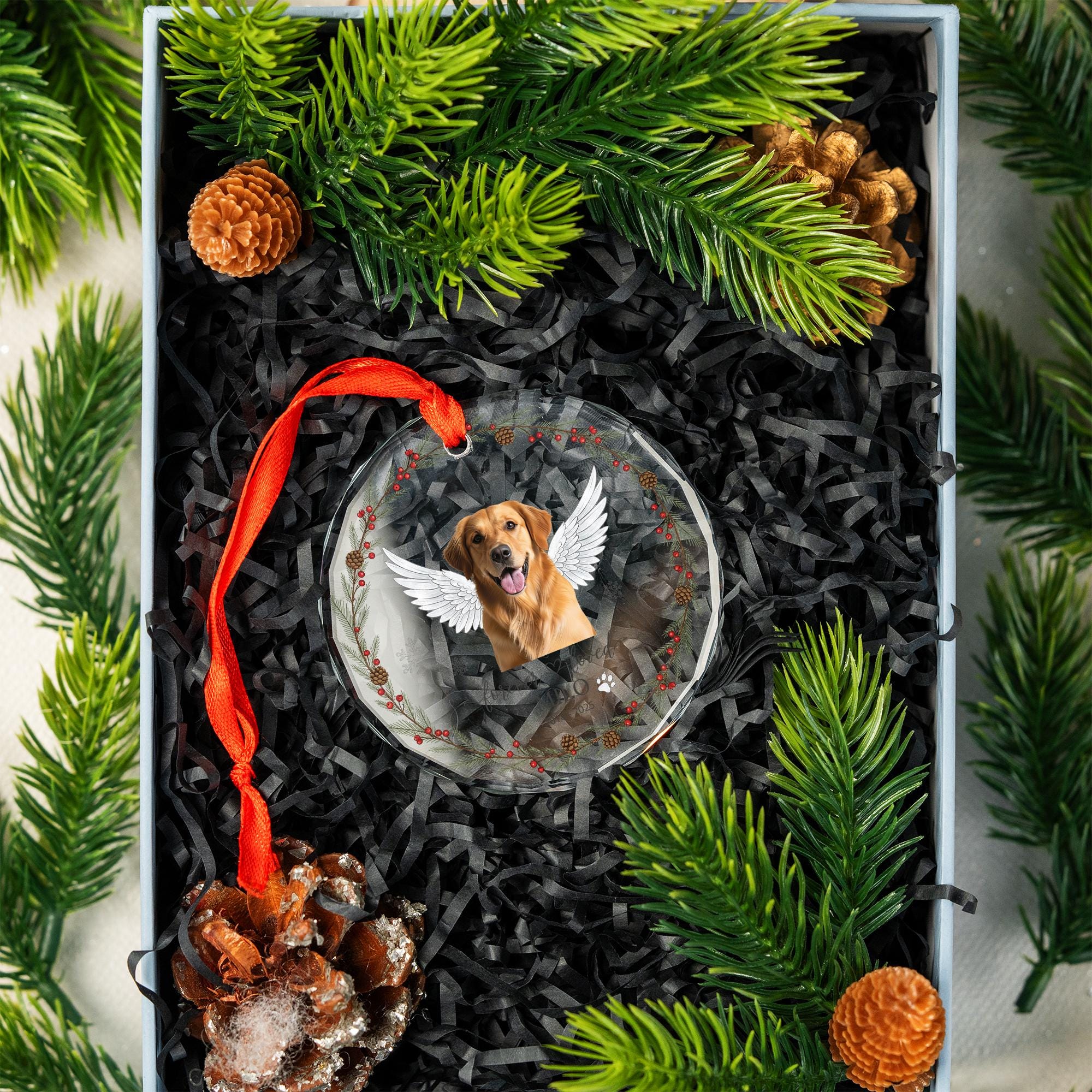 Personalized Pet Memorial Ornament – Custom Dog Loss Gift with Photo & Angel Wings, Forever Loved Glass Ornament Keepsake