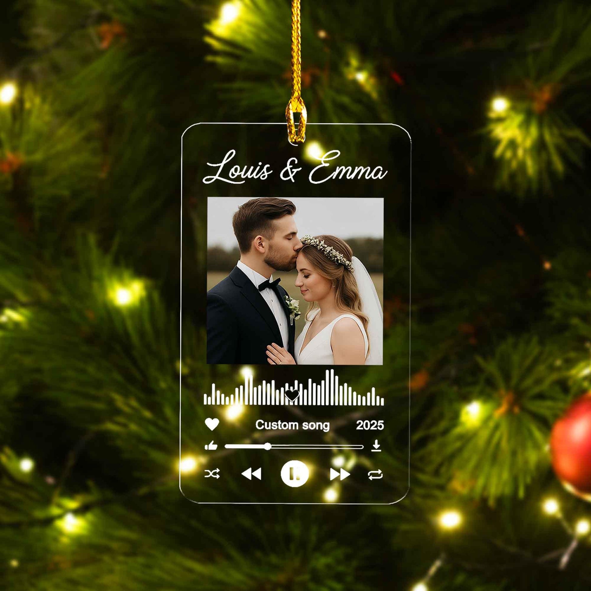 Personalized Wedding Photo Ornament: Acrylic Christmas Keepsake with Song