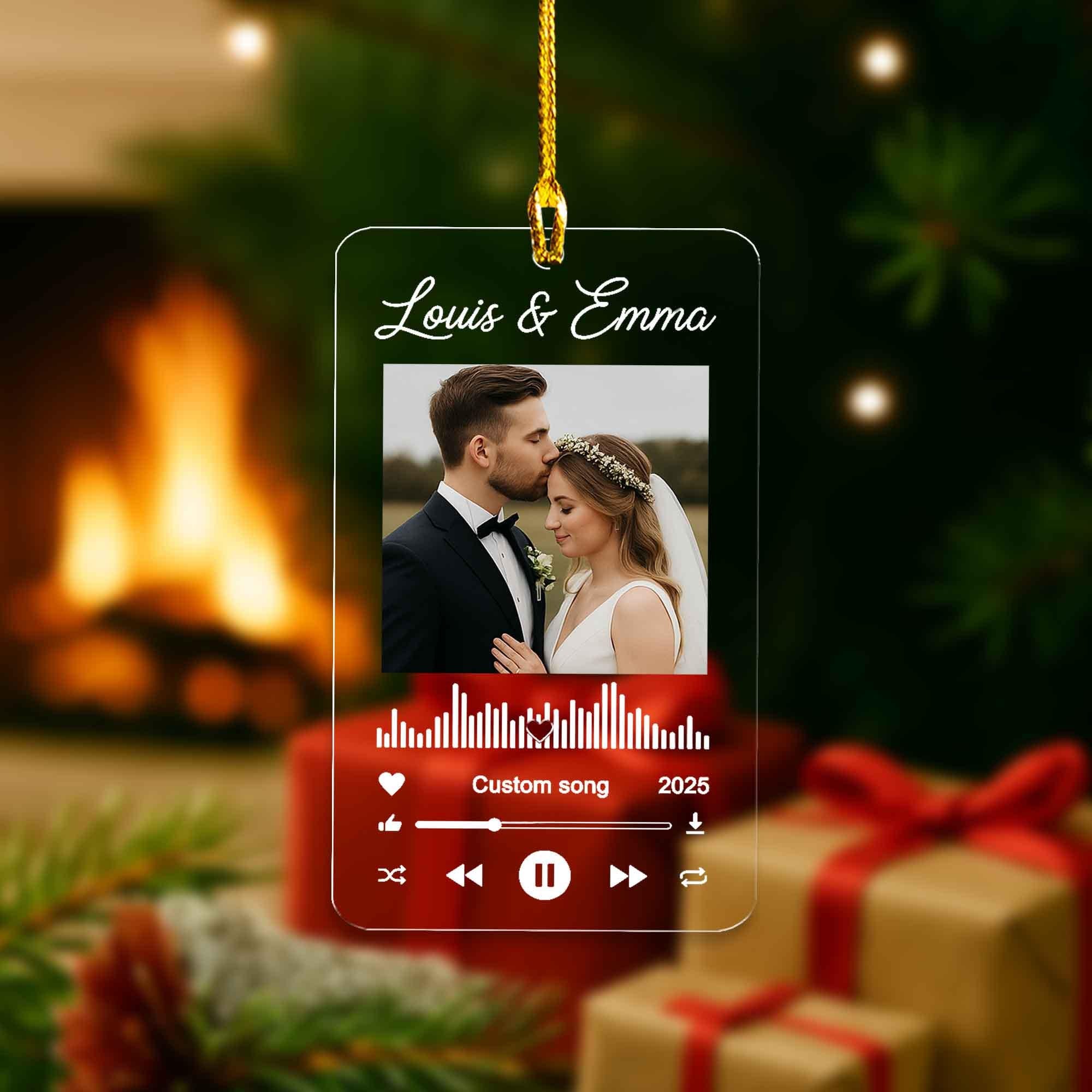 Personalized Wedding Photo Ornament: Acrylic Christmas Keepsake with Song