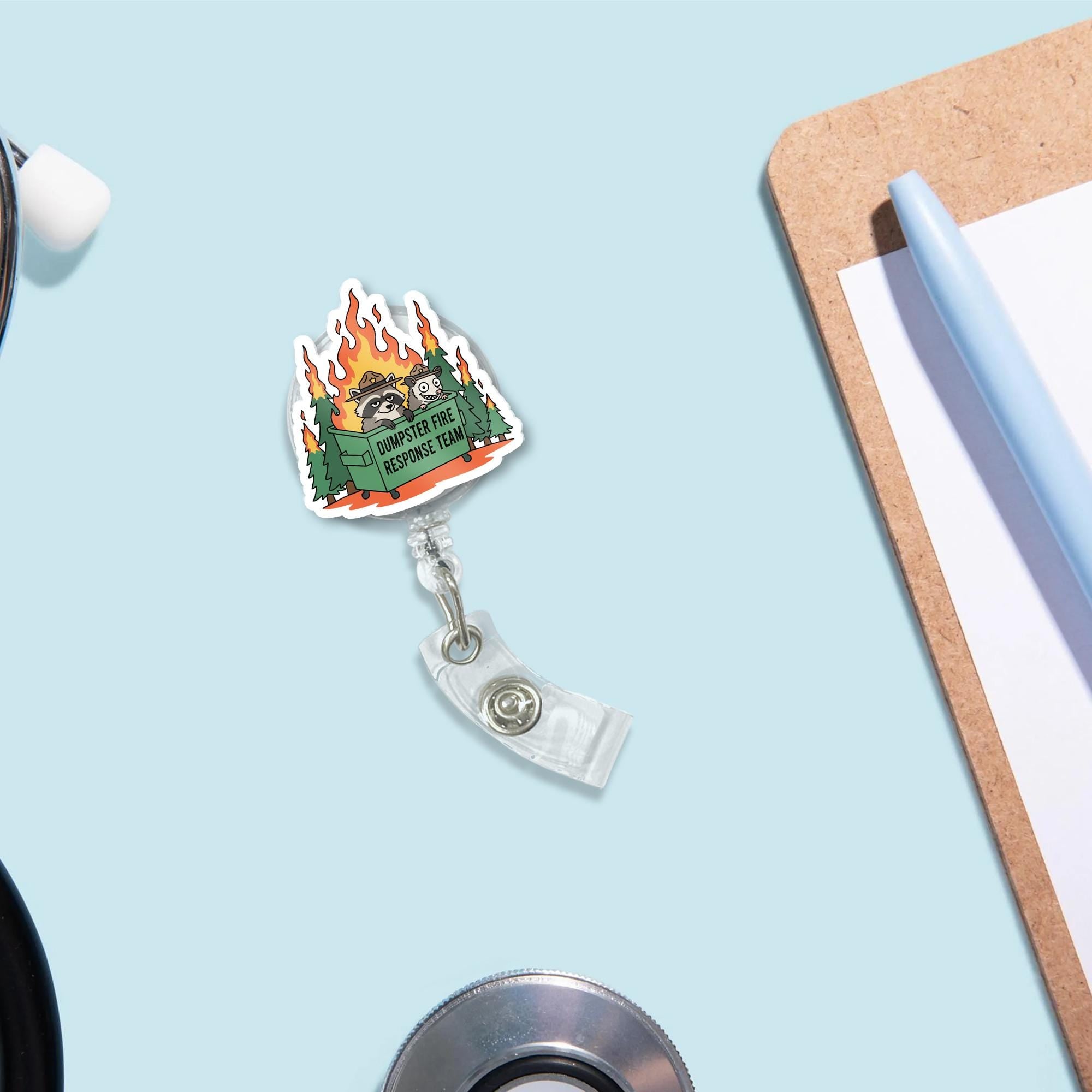 Funny Dumpster Fire Response Team Badge Reel - Raccoon Opossum Acrylic ID Holder
