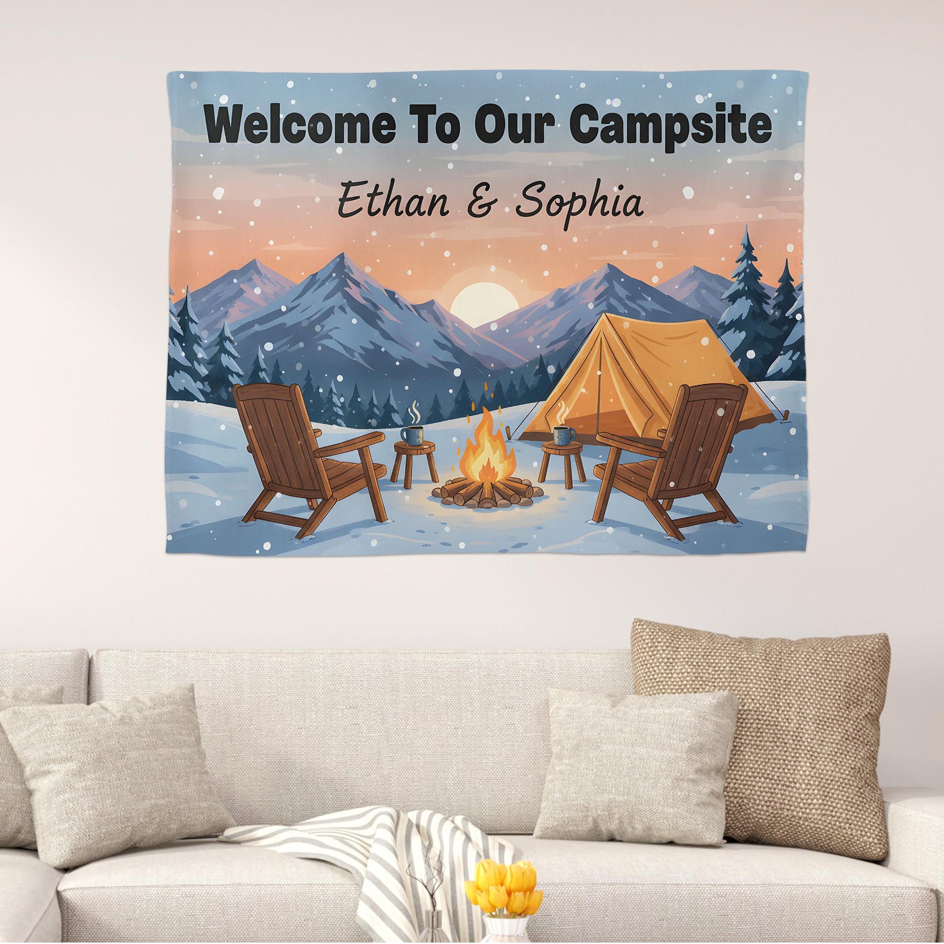 Personalized Welcome To Our Campsite Tapestry, Custom Couple Name Sign, Winter Mountain Wall Hanging, Decor for RV, Camper Gift